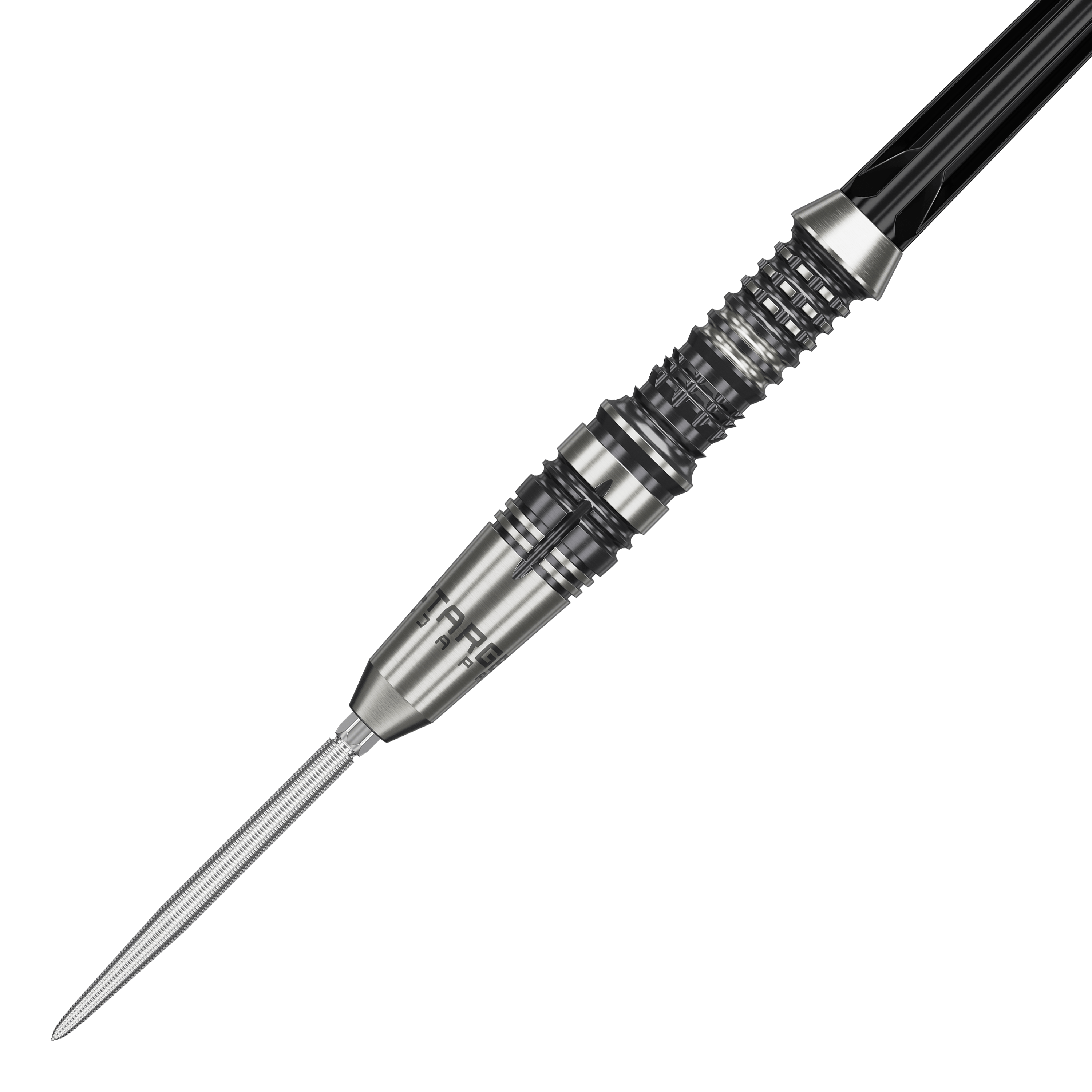 Das Bild zeigt einen Target Japan Black Marque Heracles Steeldart. Der Dart hat ein silbernes, fein geriffeltes Design mit schwarzen Akzenten.