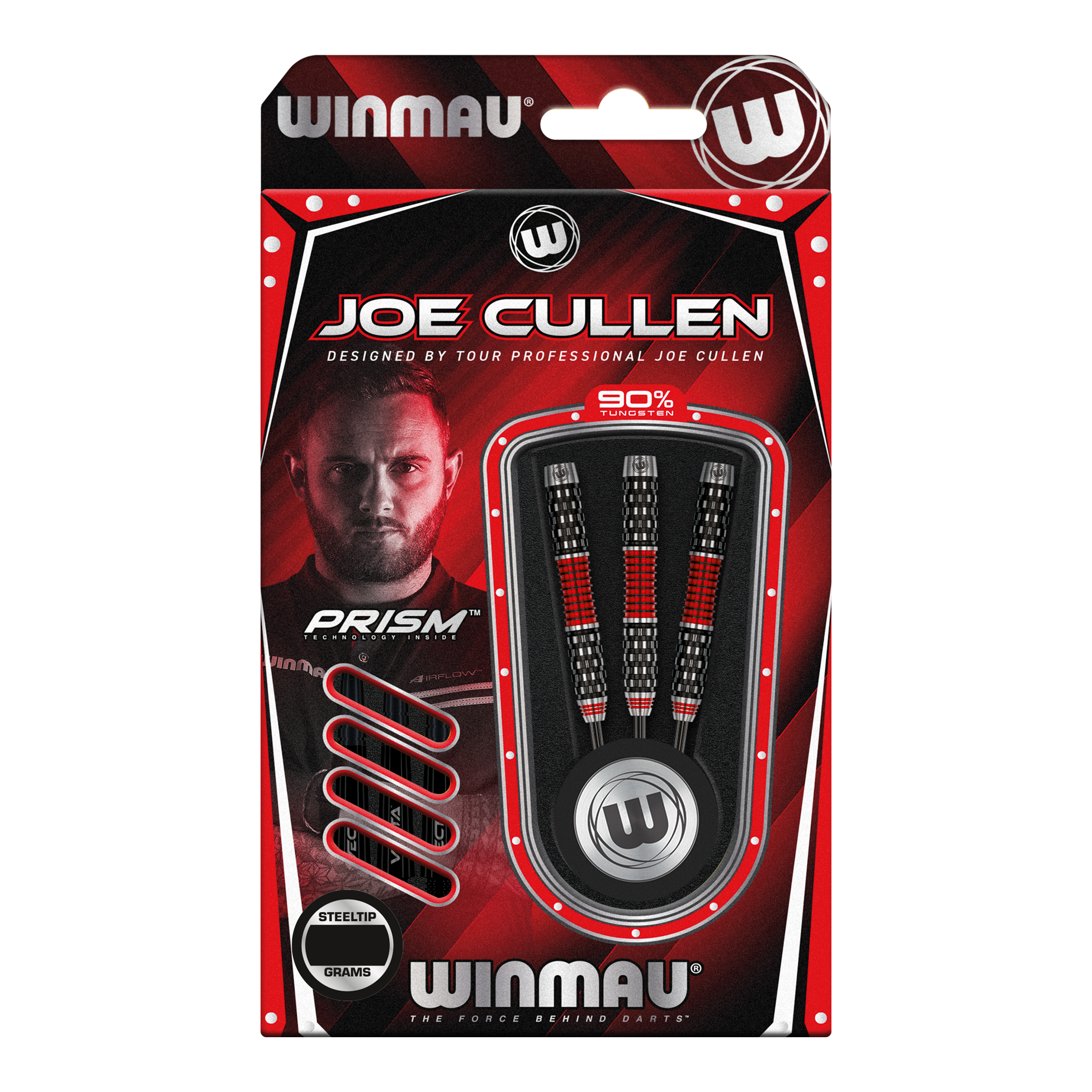 Winmau Joe Cullen Rockstar Series RS1 Steeldarts Die Verpackung zeigt die "Winmau Joe Cullen Rockstar Series RS1 Steeldarts". Im Inneren sind drei schwarz-rote Steeldarts zu sehen, die von Profispieler Joe Cullen entworfen wurden.
