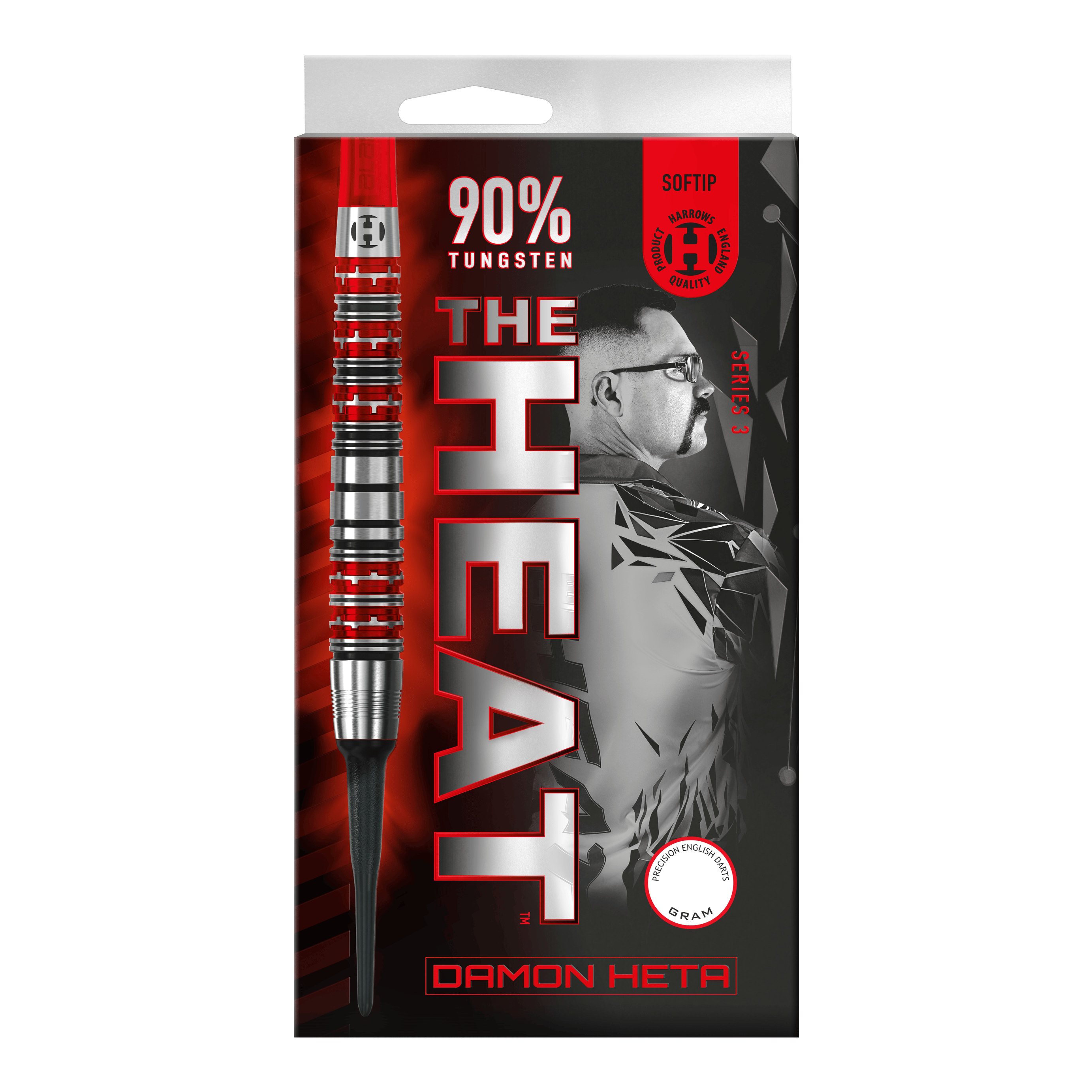 Harrows Damon Heta Series 3 Softdarts Die Abbildung zeigt die Verpackung der "Harrows Damon Heta Series 3 Softdarts". Auf der Verpackung stehen "90% Tungsten" und ein Porträt von Damon Heta im Hintergrund.