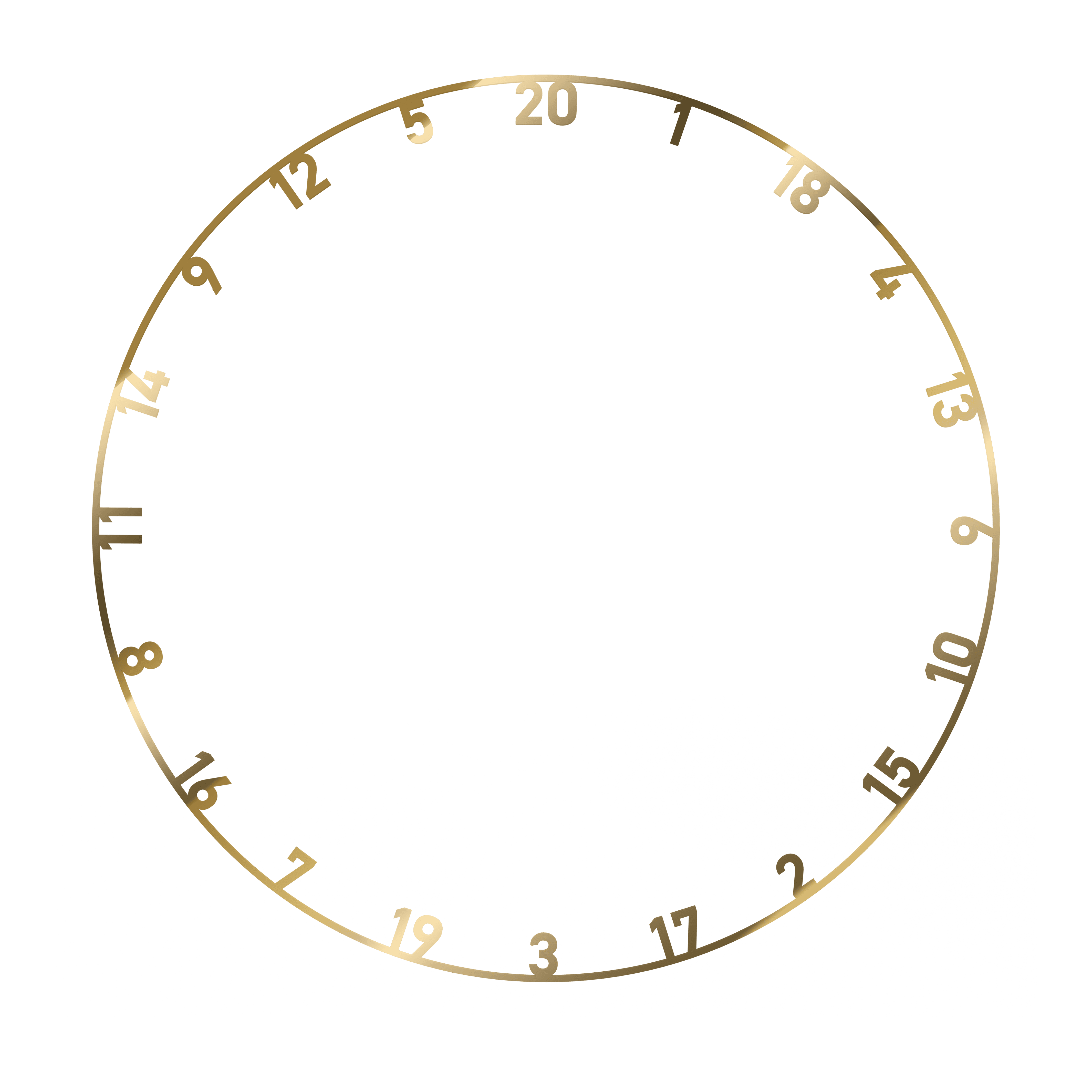 Der Bild zeigt einen goldenen Zahlenring für eine Dartscheibe mit den Zahlen von 1 bis 20. Der Ring ist für das Produkt "Bulls NL Steeldartboard Zahlenring 3-er Set - Gold Silber Weiß" gedacht.