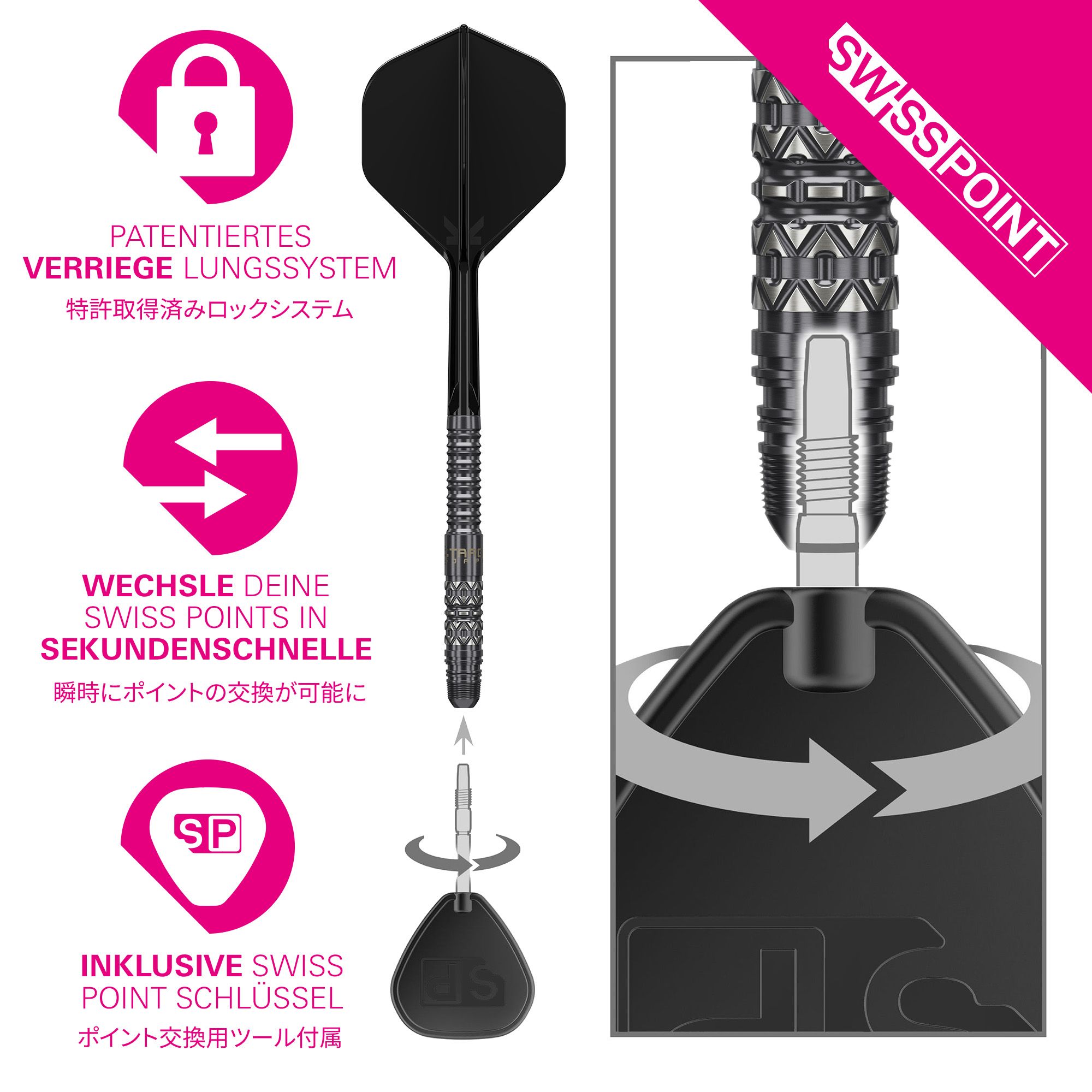 Target Japan Black Marque Creed Swiss Point Steeldarts - 23g Target Japan Black Marque Creed Swiss Point Steeldarts - 23g auf dem Foto. Die Dartpfeile sind für Präzision und Kontrolle entwickelt.