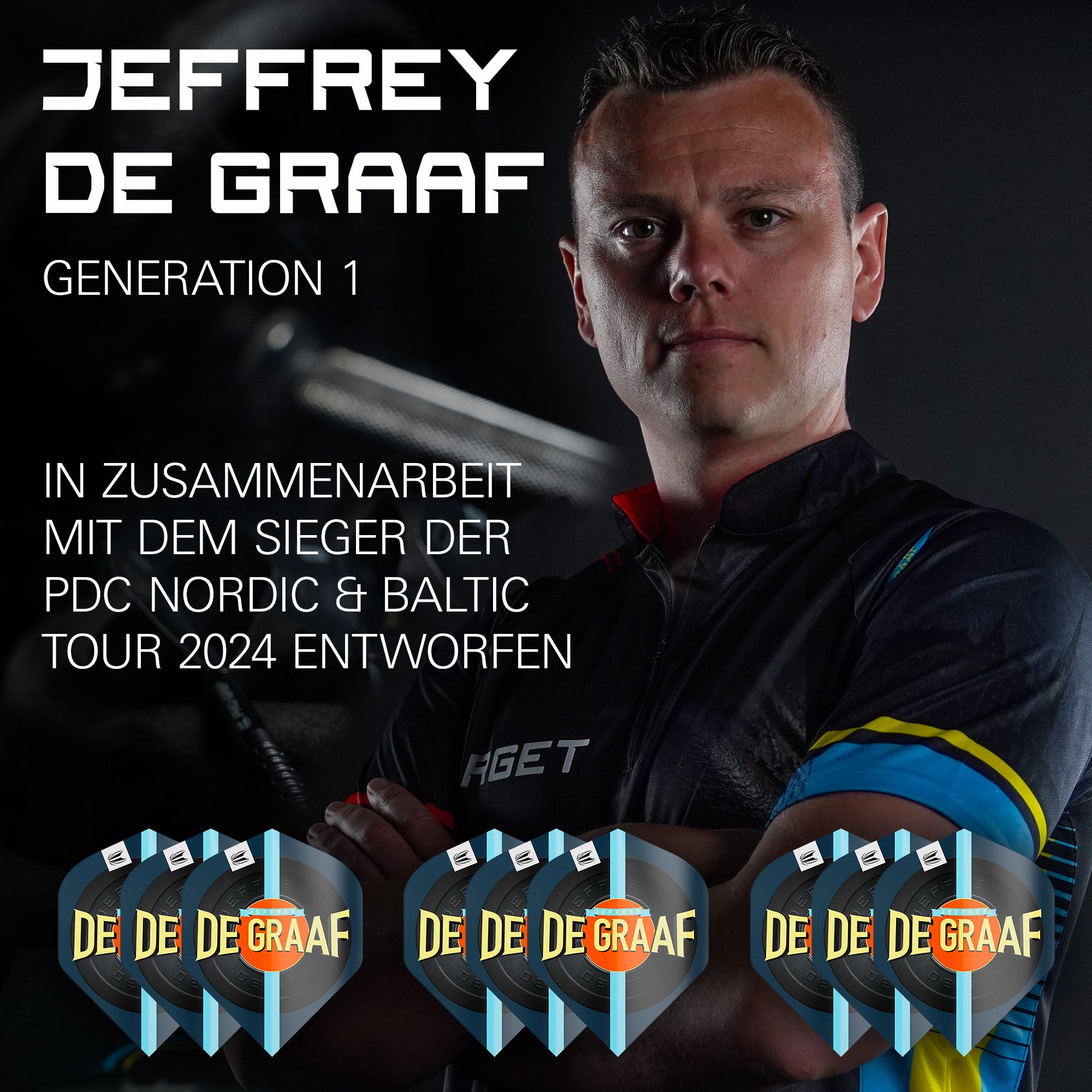 Target Pro Ultra Jeffrey De Graaf GEN1 No2 Standard Flights - 3 Sets Das Bild zeigt Jeffrey de Graaf neben dem Produkt "Target Pro Ultra Jeffrey De Graaf GEN1 No2 Standard Flights - 3 Sets". Unten im Bild sind die drei Sätze der Flights mit dem Aufdruck "DE GRAAF" zu sehen.