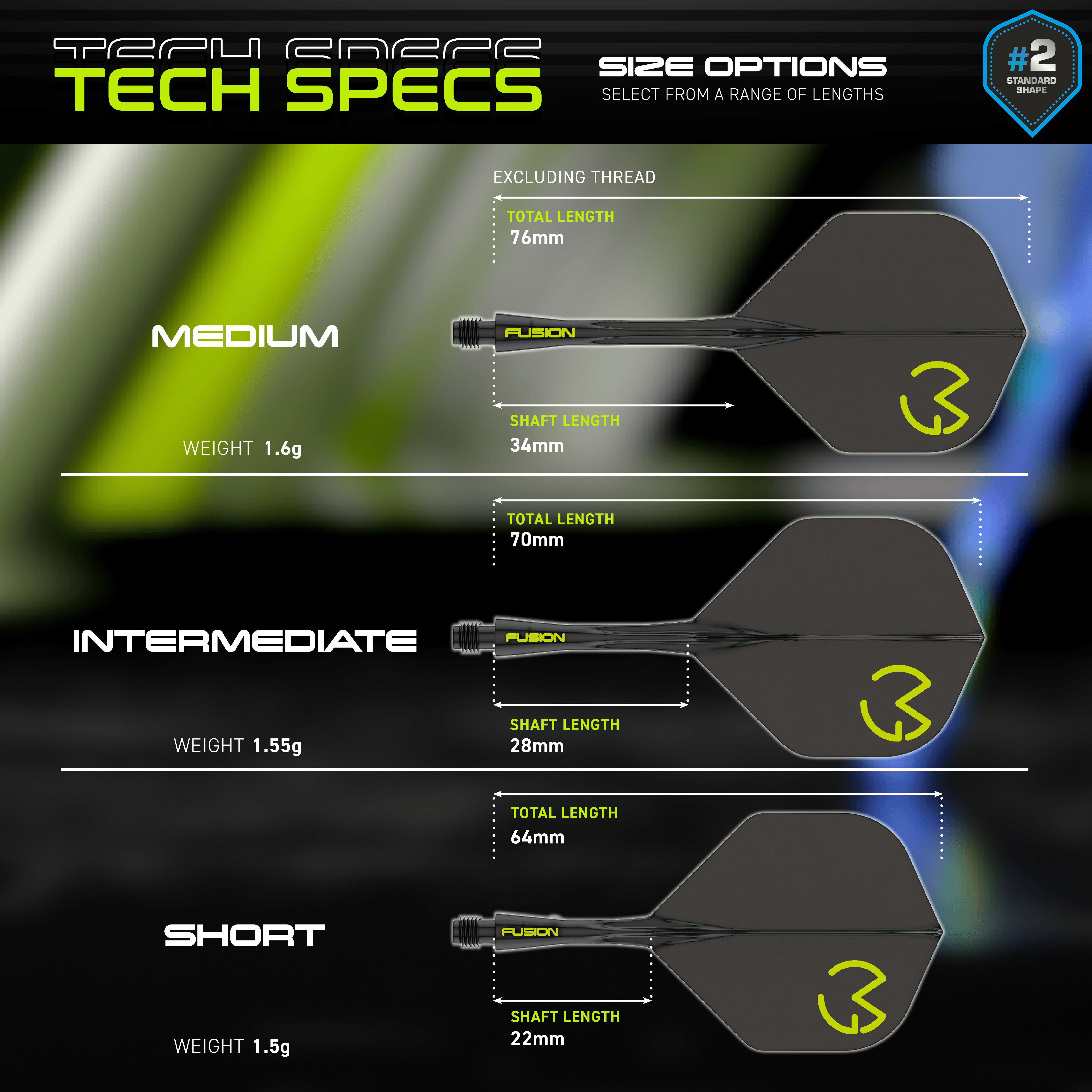 Winmau Fusion Flight-Shaft-System Michael Van Gerwen Pacman No2 Standard Das Bild zeigt die technischen Spezifikationen des Winmau Fusion Flight-Shaft-Systems Michael Van Gerwen Pacman No2 Standard. Es werden drei Größenoptionen (Medium, Intermediate, Short) mit ihren jeweiligen Längen und Gewichten dargestellt.