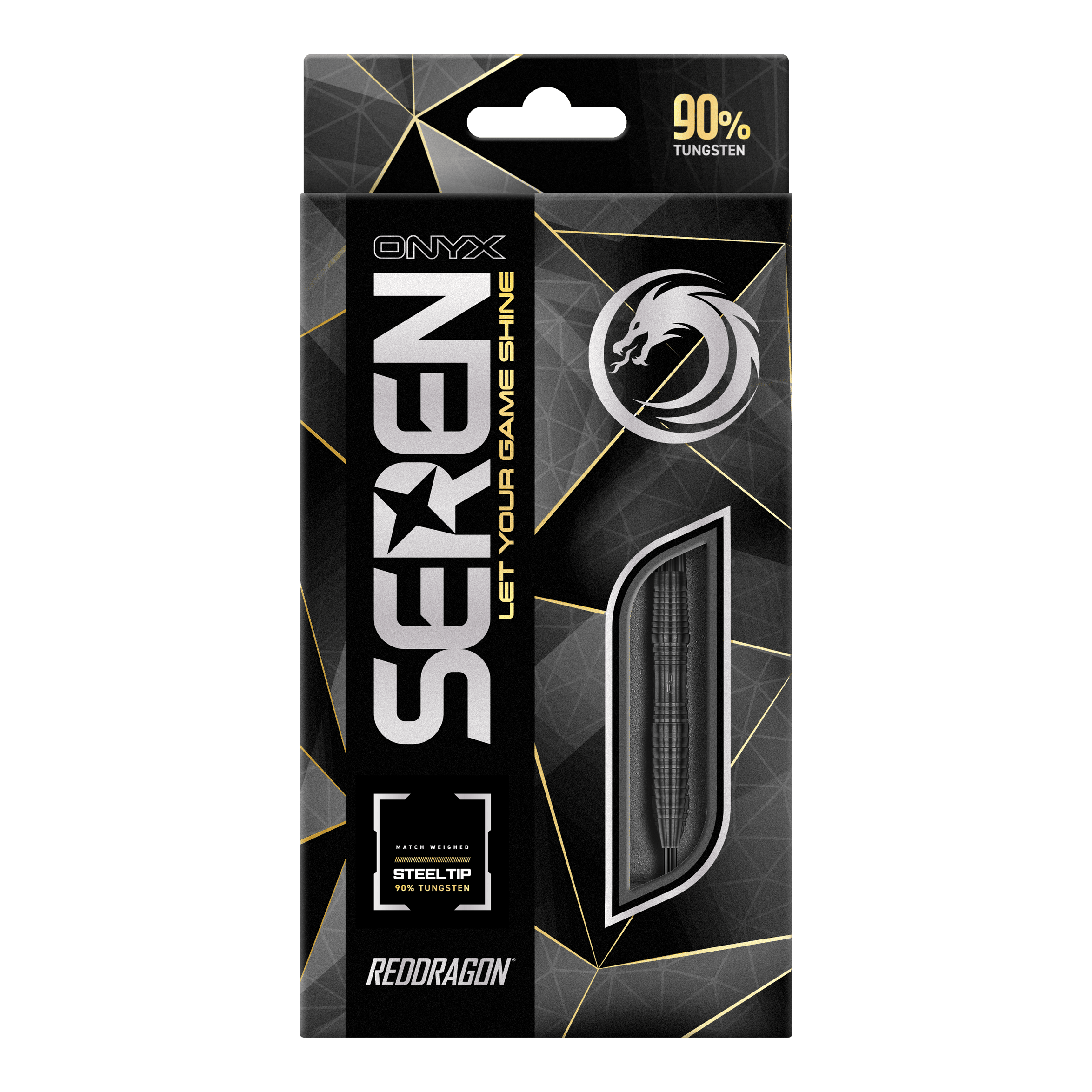 Red Dragon Seren 3 Onyx Steeldarts Die Abbildung zeigt die Verpackung der "Red Dragon Seren 3 Onyx Steeldarts". Auf der Schachtel steht, dass die Darts aus 90% Tungsten bestehen.