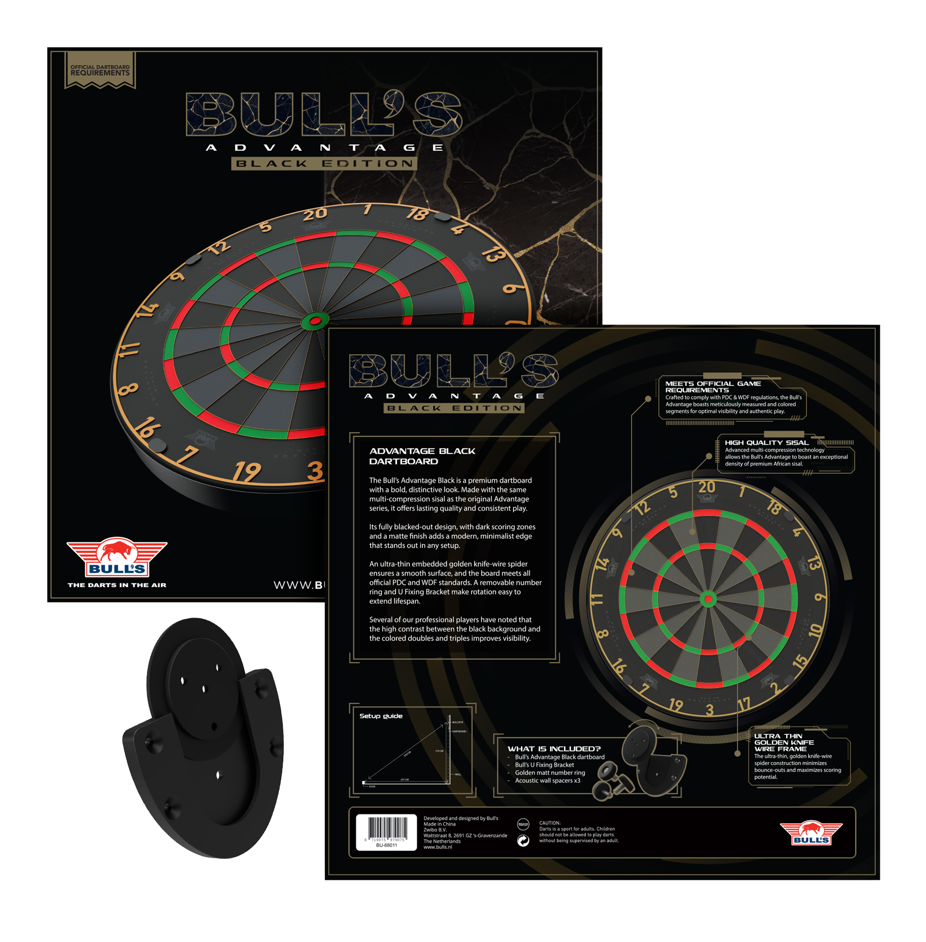 Bulls NL Advantage Black-Edition Steeldartboard Das Bild zeigt das Bulls NL Advantage Black-Edition Steeldartboard. Dies ist eine schwarze Dartscheibe für Steeldart-Spiele.
