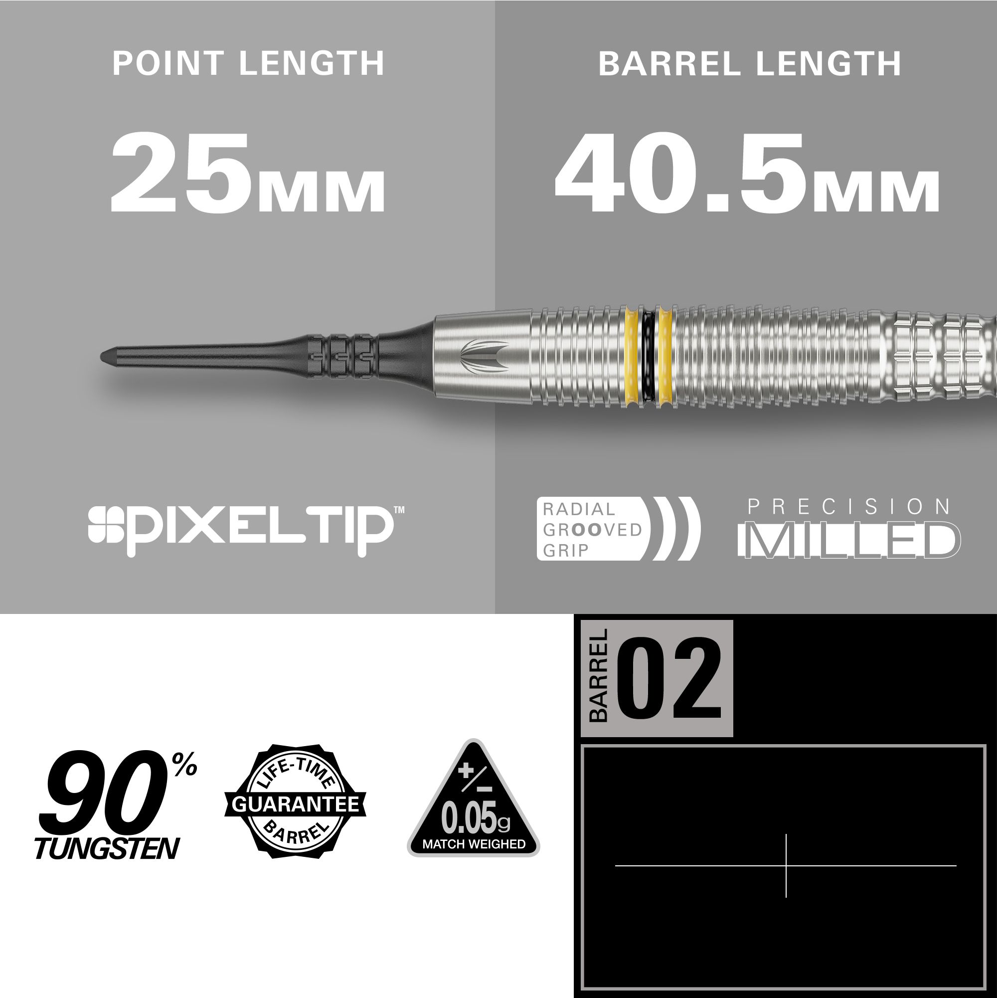 Target Scott Williams GEN2 Softdarts - 18g Das Bild zeigt die Target Scott Williams GEN2 Softdarts mit einer Spitzenlänge von 25 mm und einer Barrel-Länge von 40,5 mm. Der Dart besteht zu 90 % aus Tungsten und verfügt über eine präzise gefräste, radial gerillte Griff-Fläche.