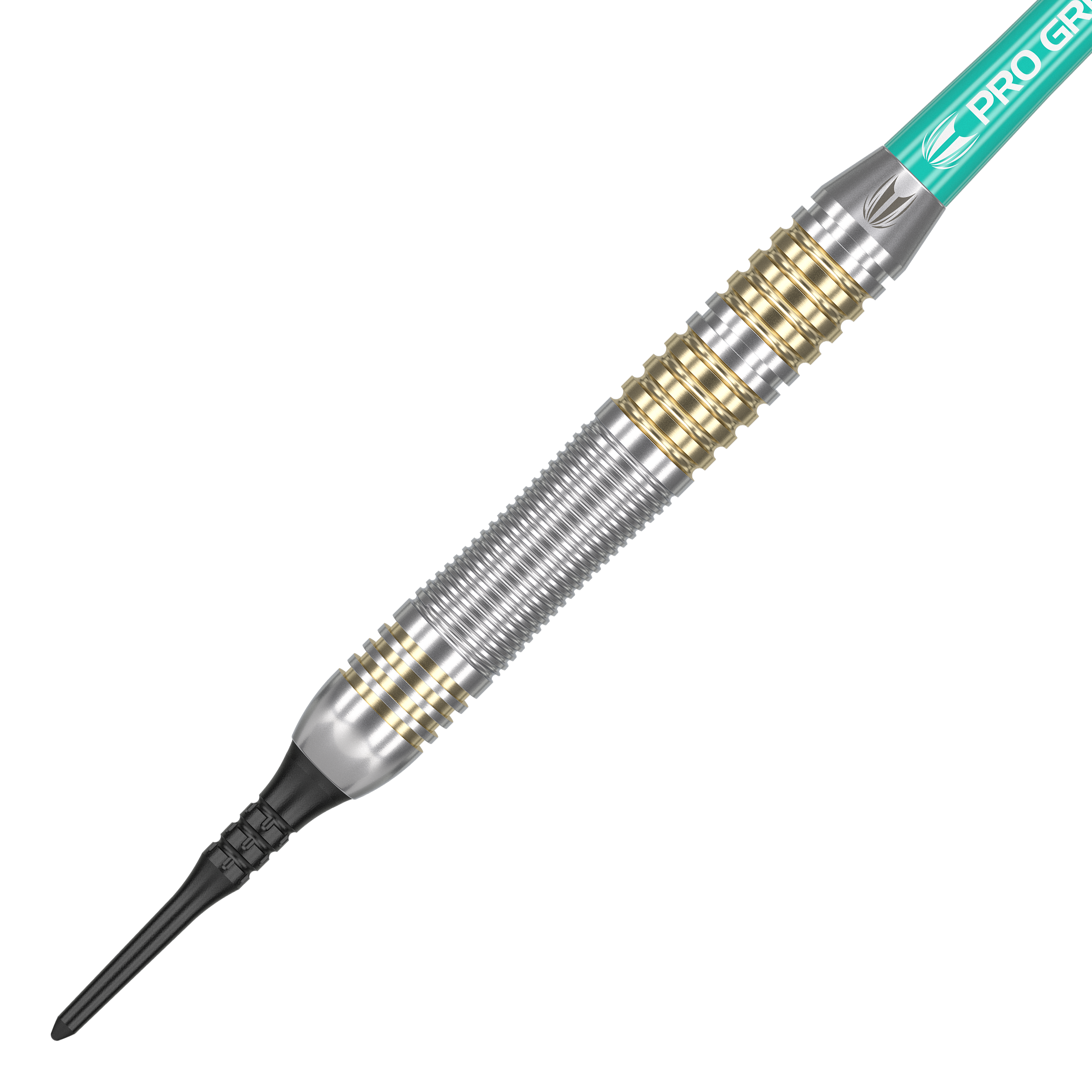 Target Rob Cross Brass Softdarts - 18g Das Bild zeigt einen Target Rob Cross Brass Softdart mit einem Gewicht von 18 Gramm. Der Dartpfeil hat ein silbernes und goldenes Rillen-Design sowie eine schwarze Kunststoffspitze.