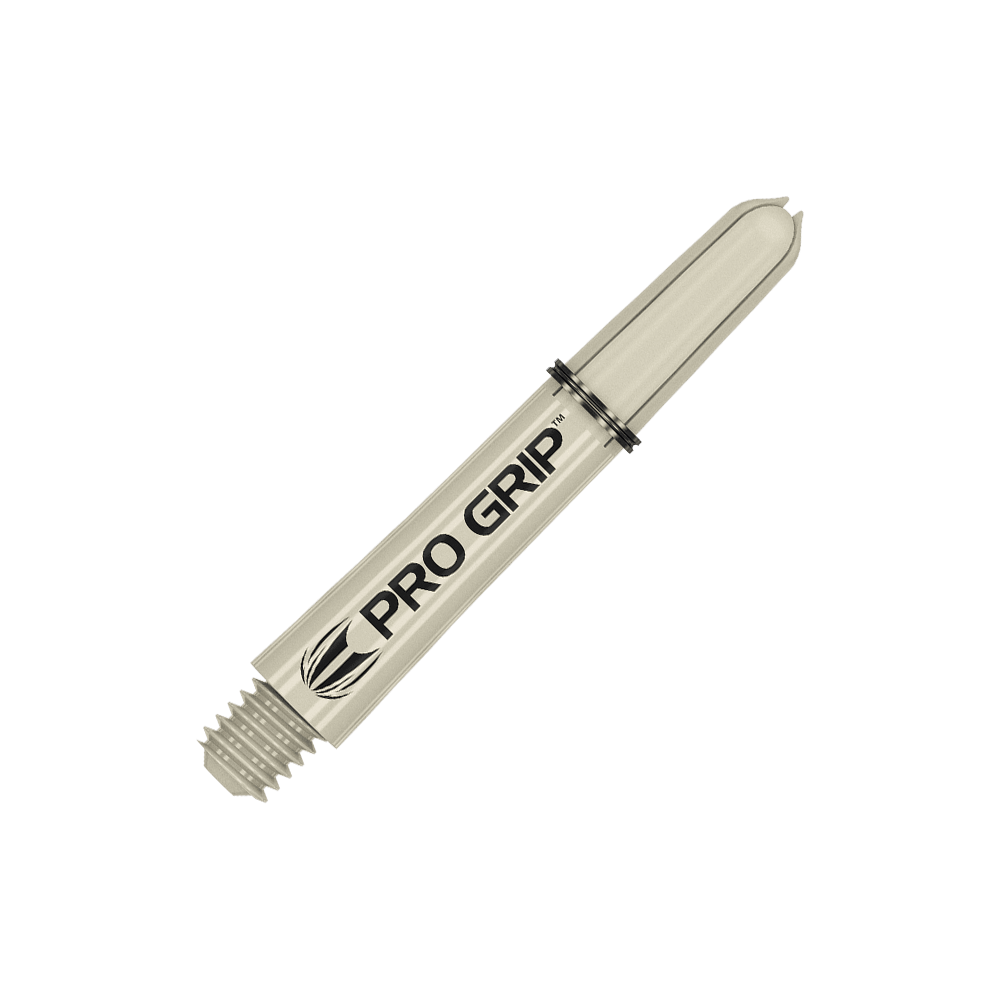 380150_Target_Pro_Grip_Shafts_Sand_34mm_2 Das Bild zeigt einen beigen Dart-Schaft mit der Aufschrift "Pro Grip". Der Schaft hat ein Gewinde an einem Ende und ist 34 mm lang.