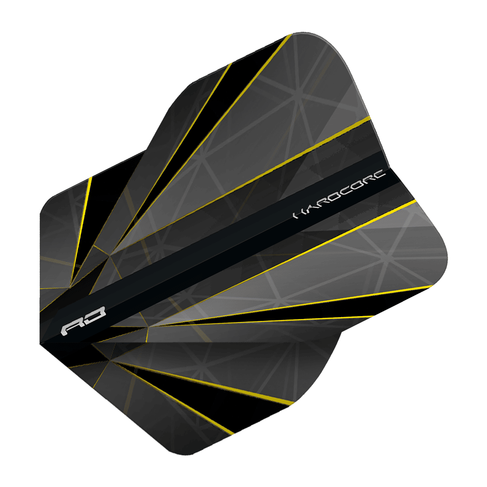 Das Bild zeigt das Produkt "Red Dragon Hardcore Seren Onyx No2 Standard Flights". Die Dart-Flights sind in Schwarz und Grau mit gelben Linien und modernen Mustern gestaltet.