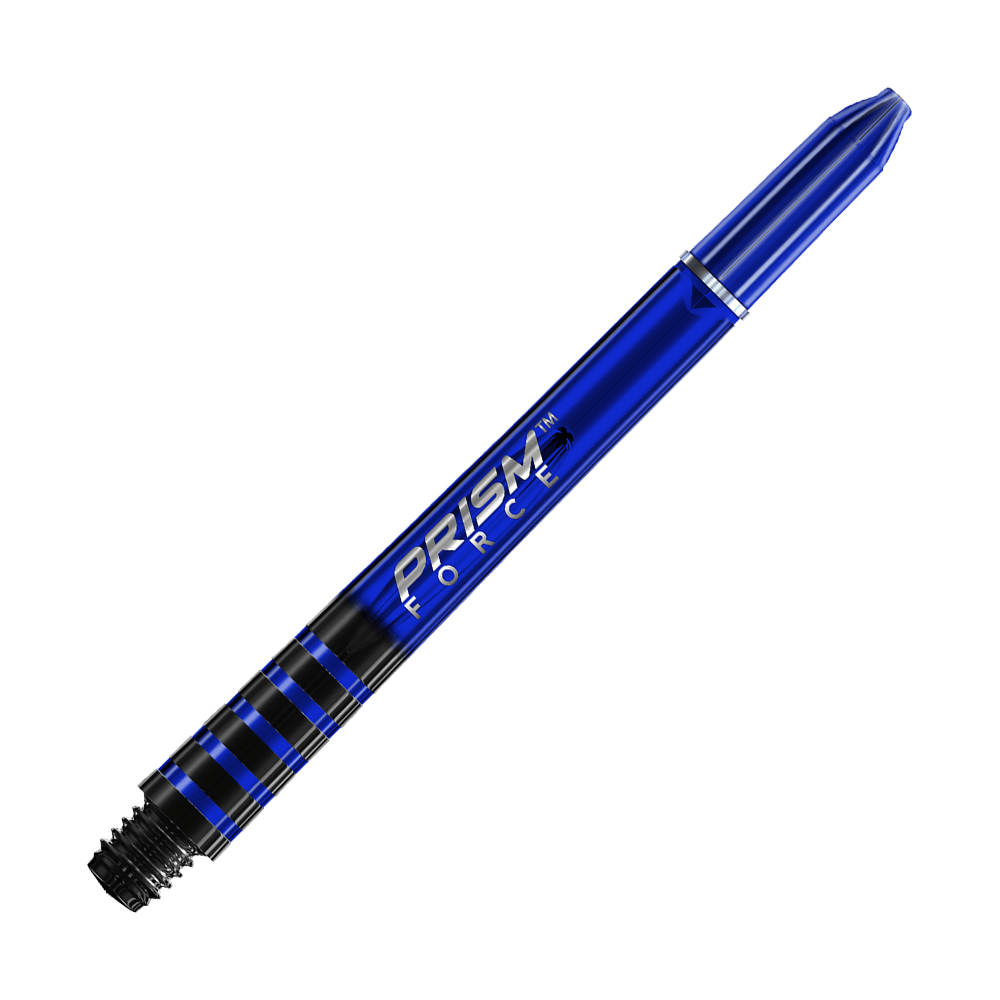 7020-203_Winmau_Prism_Force_Shafts_Blau_48mm_2 Auf dem Bild ist ein blauer Dartshaft mit der Aufschrift "PRISM FORCE" zu sehen. Der Hintergrund ist mit blauen und weißen Streifen gestaltet.
