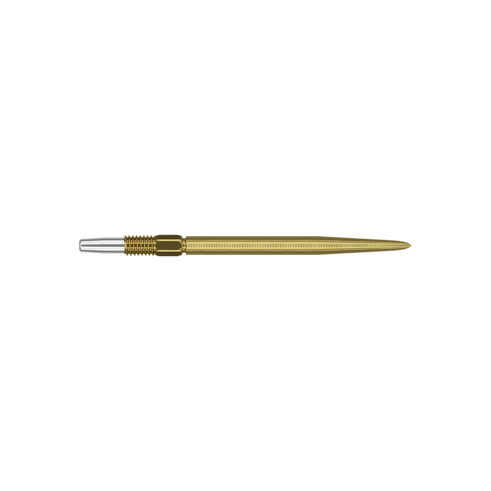 Target Swiss Point Nano Dartspitzen - Gold Dies ist eine goldfarbene Dartspitze mit feiner Riffelung. Sie hat am Ende ein silbernes Verbindungsstück.
