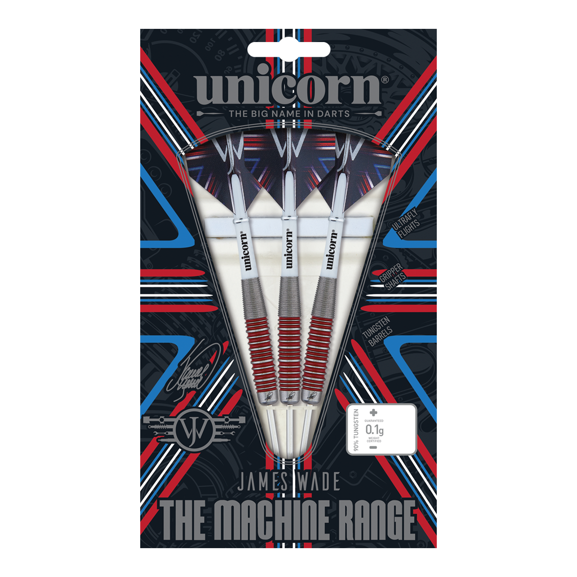 Unicorn The Machine James Wade 90% Steeldarts Das Bild zeigt eine Verpackung mit drei Steeldarts der Marke "Unicorn" aus der "James Wade The Machine Range". Die Darts bestehen zu 90% aus Tungsten und haben rote und silberne Akzente.