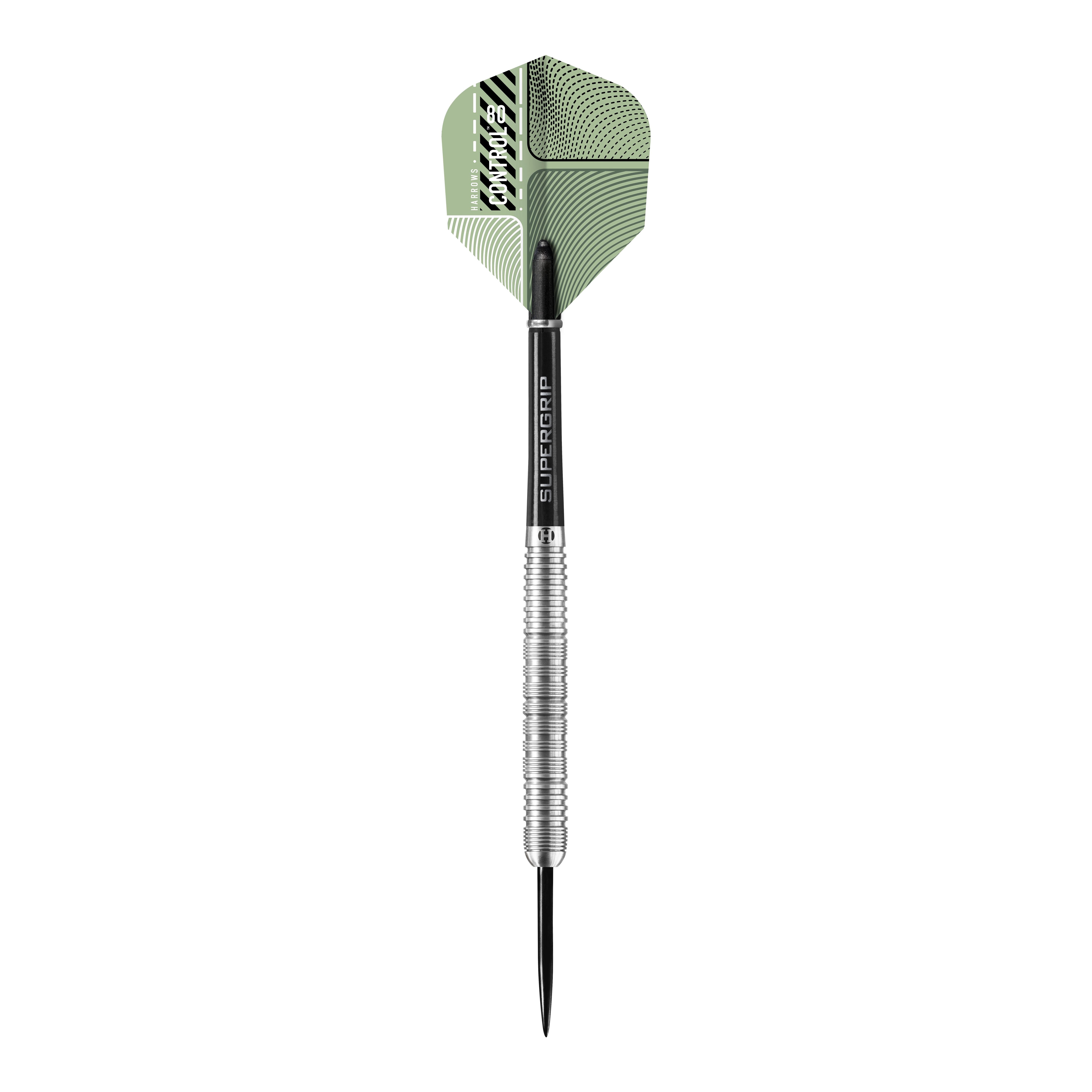 Das Bild zeigt einen Harrows Control Parallel Steeldart mit einer silbernen, geriffelten Griffzone. Der Dart hat ein grünes Flight-Design und einen schwarzen Schaft mit der Aufschrift "Supergrip".