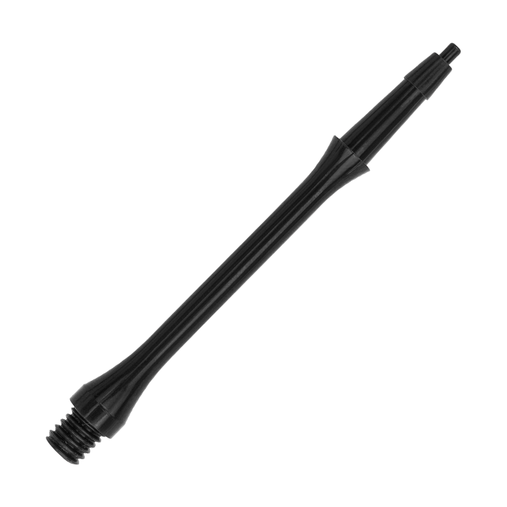 Das Bild zeigt einen schwarzen Harrows Clic Slim Shaft für Darts. Der Schaft hat ein schlankes, elegantes Design aus Kunststoff.
