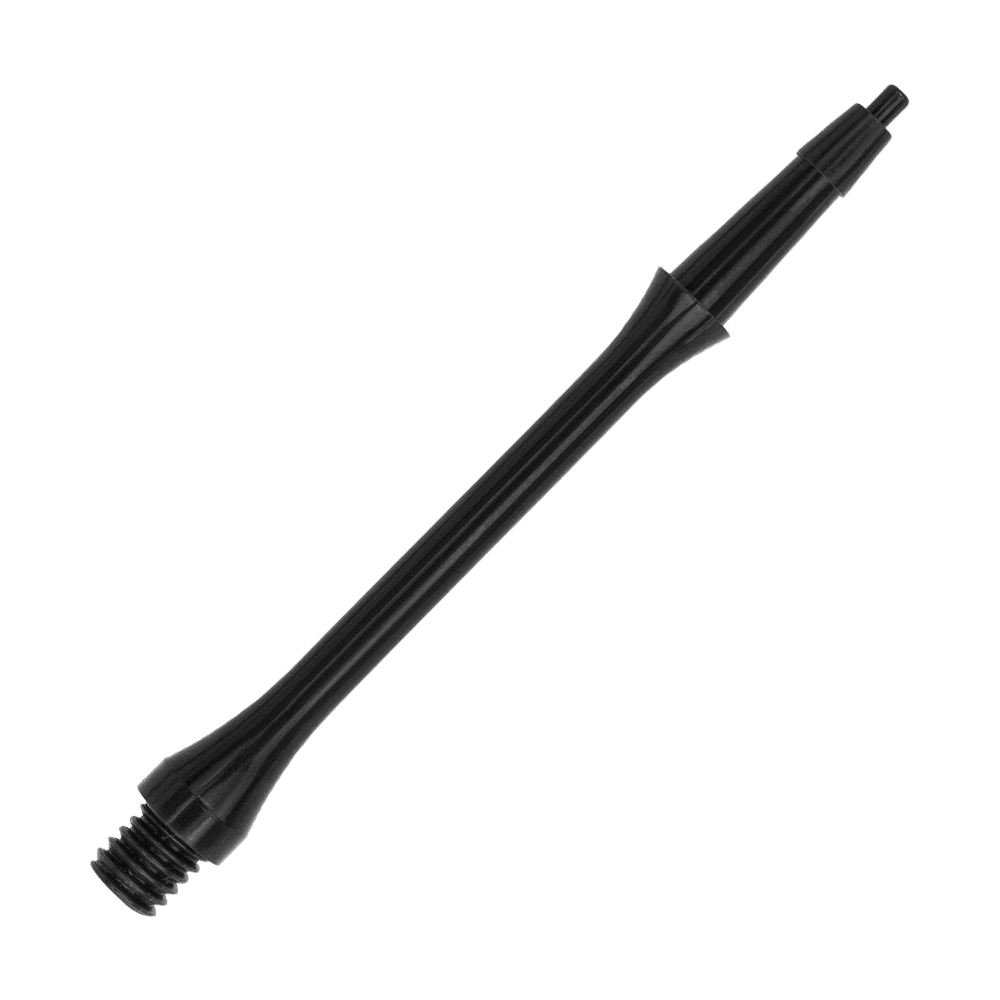 HRC-12589_Harrows_Clic_Slim_Shafts_Black_37mm_2 Das Bild zeigt einen schwarzen Harrows Clic Slim Shaft für Darts. Der Schaft hat ein schlankes, elegantes Design aus Kunststoff.