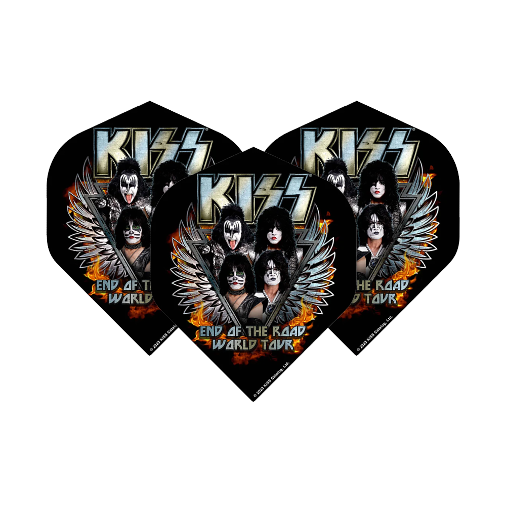 Mission Kiss End Of The Road No2 Standard Flights - F 4178 Das Bild zeigt drei Standard-Flights für Dartpfeile mit dem Motiv der Band KISS und dem Schriftzug "End of the Road World Tour". Auf den Flights sind die Bandmitglieder mit ihrem typischen Make-up und Flügeln abgebildet.