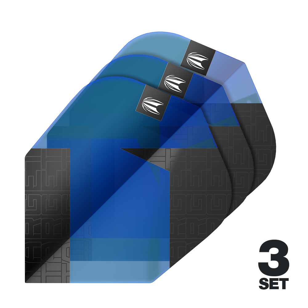 Das Bild zeigt drei Sets der Target Pro Ultra TAG Blau No6 Standard Flights. Die Flights sind überwiegend blau und schwarz mit einem modernen Muster und Logo gestaltet.