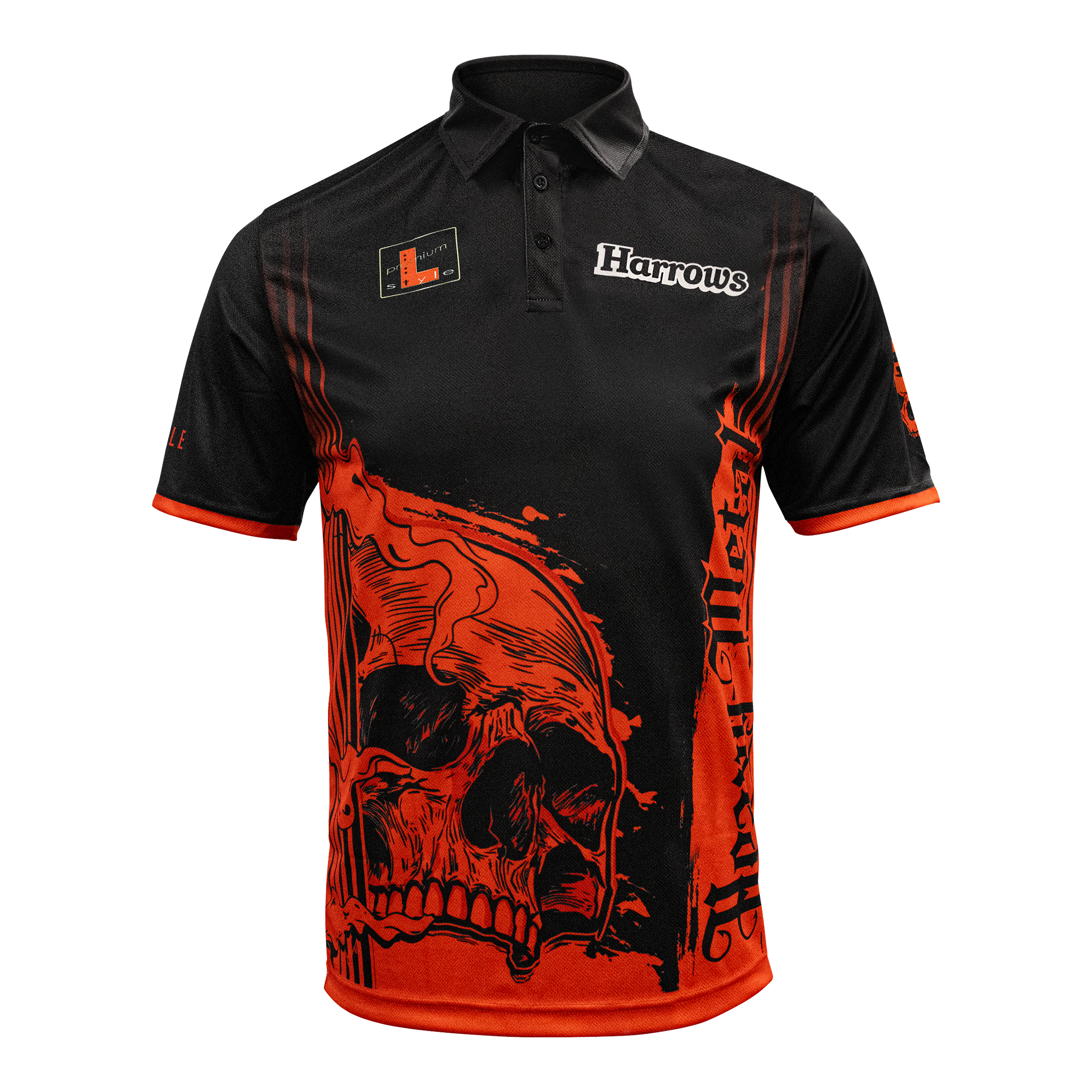 Harrows Ryan Searle Heavy Metal Playershirt Das Bild zeigt das Harrows Ryan Searle Heavy Metal Playershirt. Es ist ein spezielles Dartshirt, das für Spieler entworfen wurde.