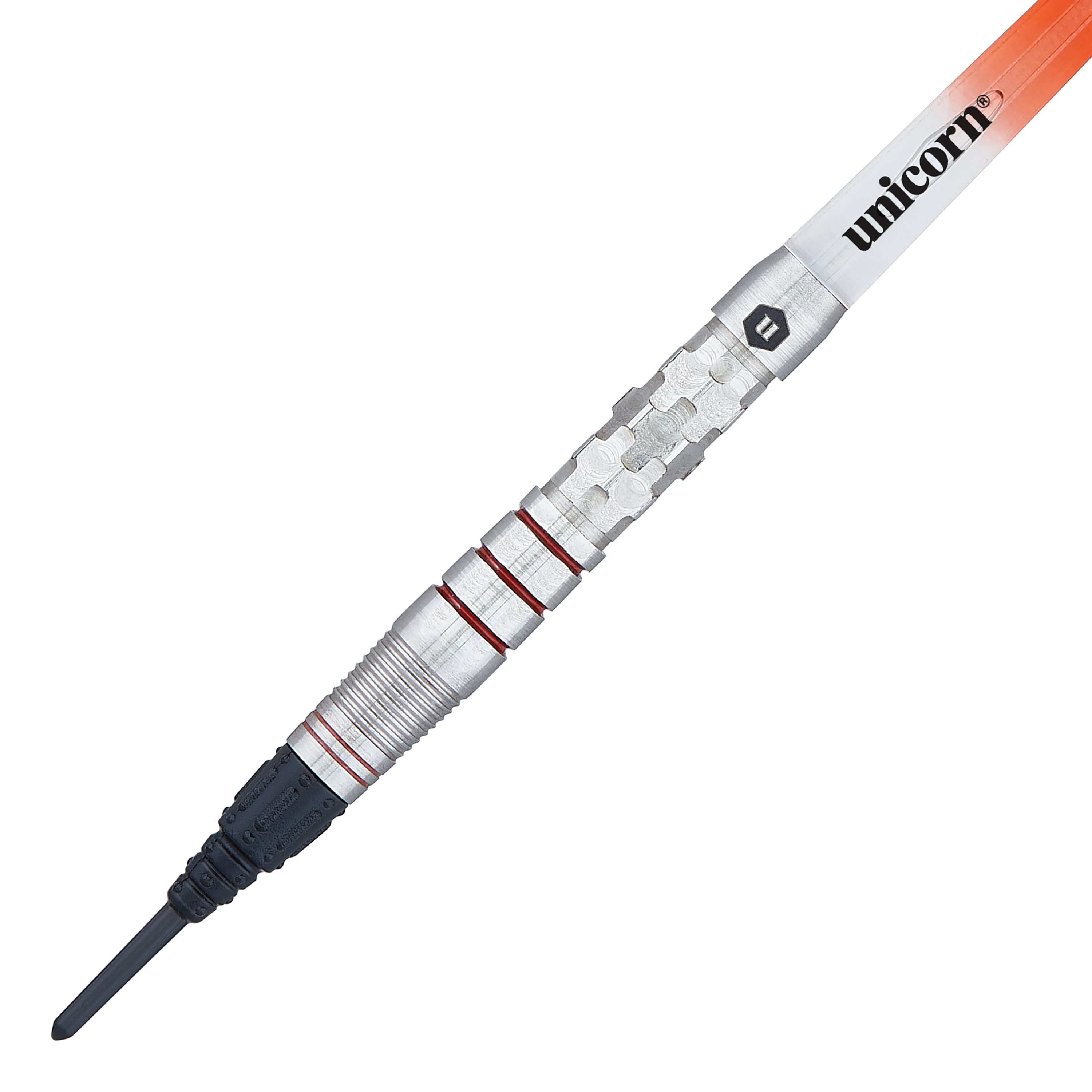 Das Bild zeigt einen Unicorn Ballista Style 3 Softdart. Der Dart hat ein silbernes Barrel mit roten Ringen und einer schwarzen Softspitze.