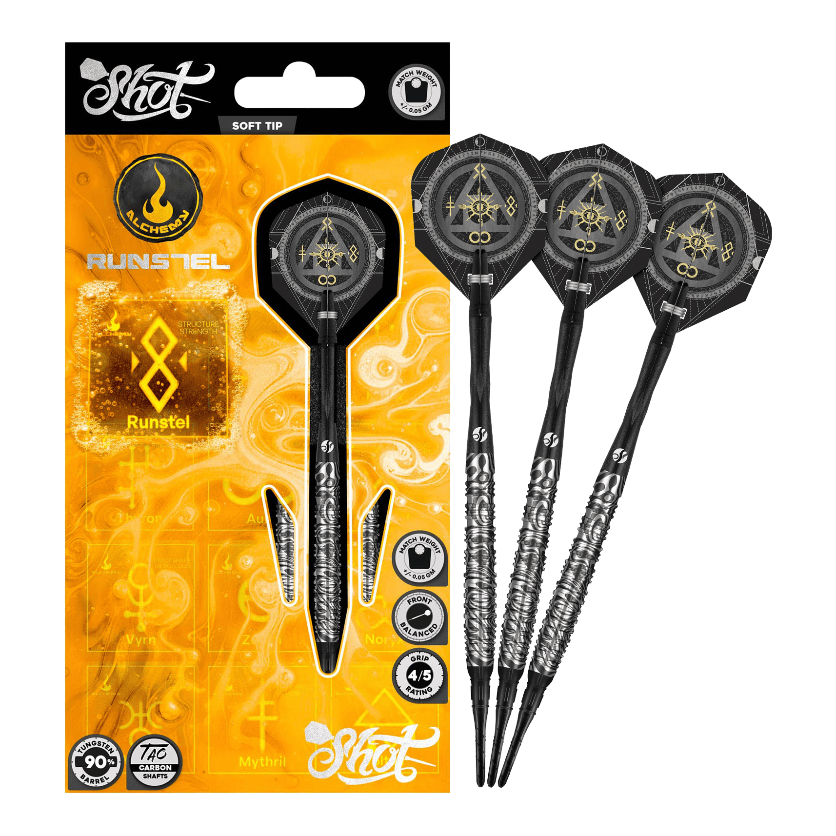 Das Bild zeigt die Shot Alchemy Runstel Softdarts mit 20 Gramm Gewicht. Die Darts sind vollständig und detailliert abgebildet.