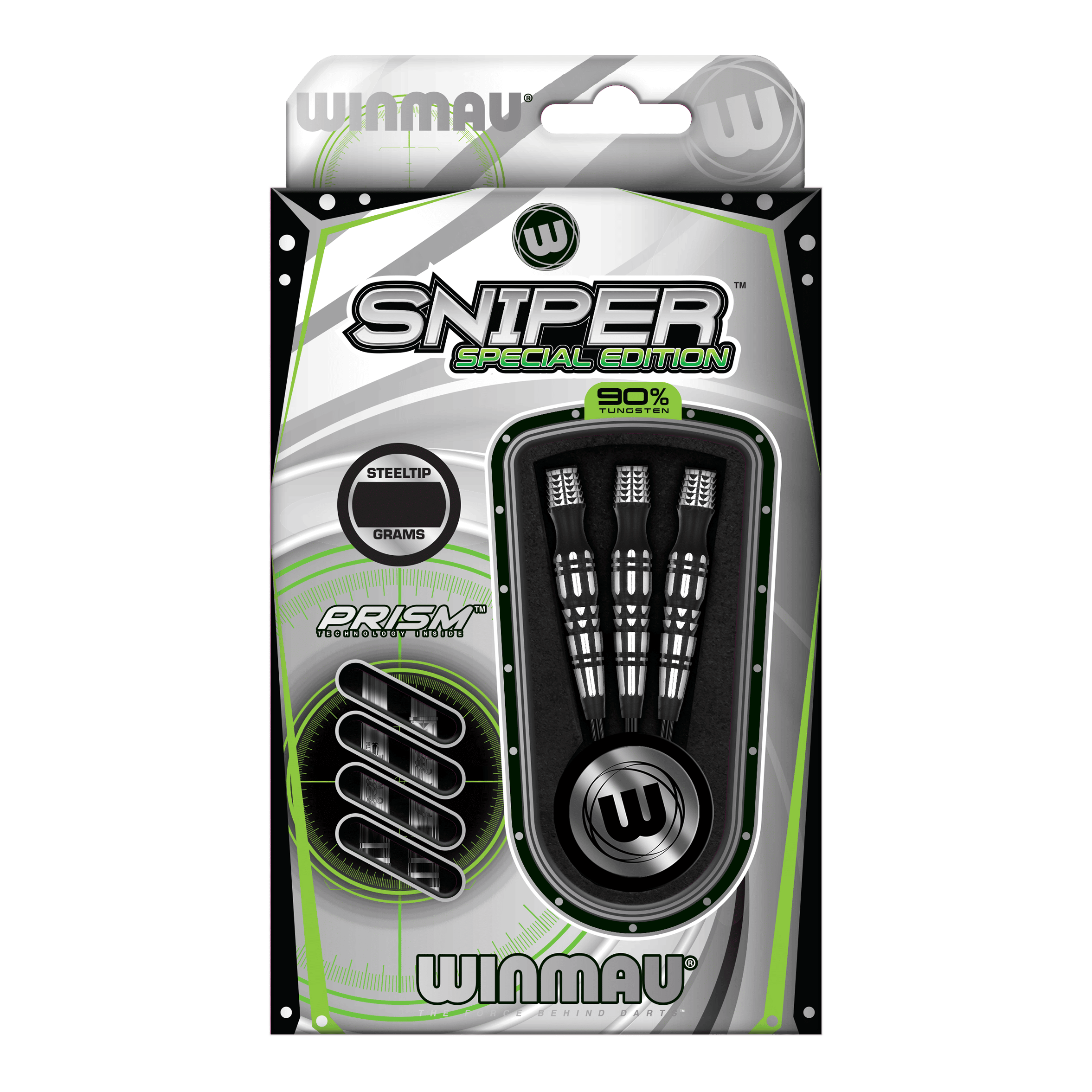Die Abbildung zeigt die Verpackung der "Winmau Sniper Special Edition V2 Steeldarts". In der Packung sind drei Steeldarts mit Prism-Technologie und einem Tungsten-Anteil von 90 % enthalten.
