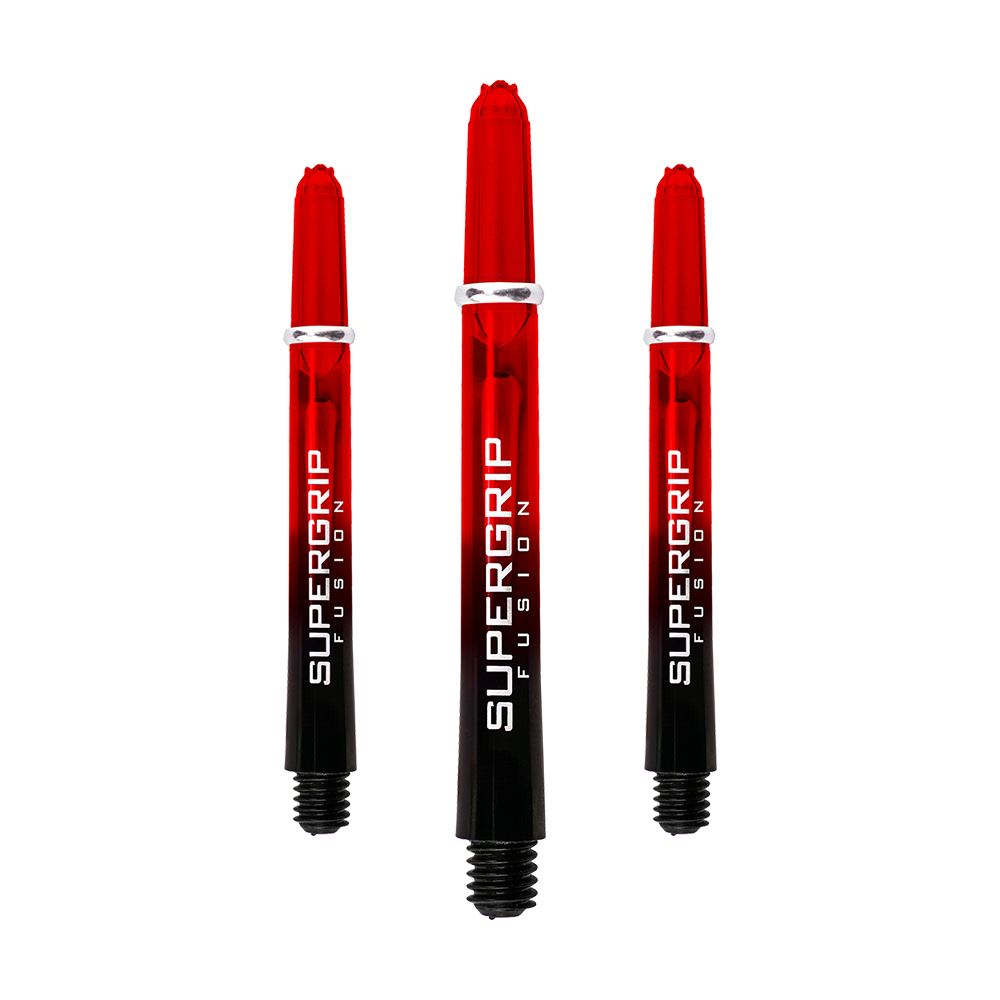 Das Bild zeigt drei Harrows Supergrip Fusion Shafts in der Farbe Rot. Die Schäfte sind teilweise transparent und verlaufen von Rot zu Schwarz mit weißer Aufschrift.