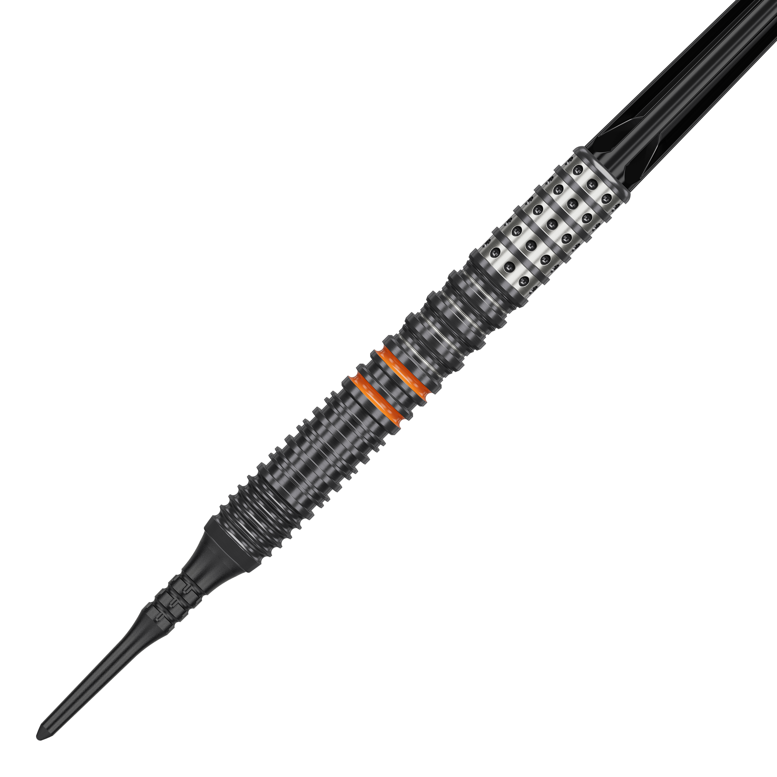 Das Bild zeigt einen Softdart namens "Target Japan Black Marque Morpheus GEN2" mit einem Gewicht von 19g. Der Dartpfeil hat ein schwarzes, geriffeltes Design mit silbernen und orangefarbenen Akzenten.