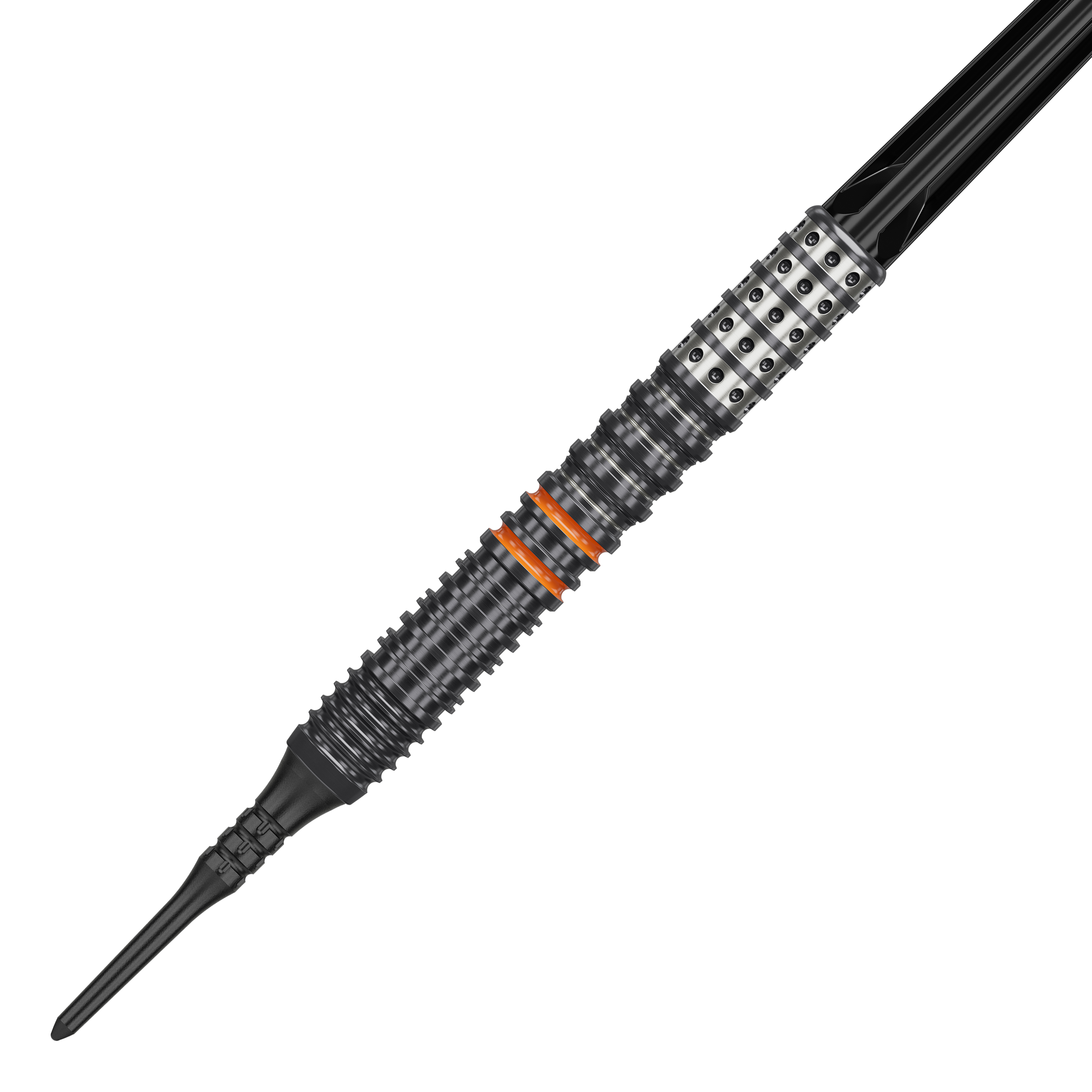 Target Japan Black Marque Morpheus GEN2 Softdarts - 19g Das Bild zeigt einen Softdart namens "Target Japan Black Marque Morpheus GEN2" mit einem Gewicht von 19g. Der Dartpfeil hat ein schwarzes, geriffeltes Design mit silbernen und orangefarbenen Akzenten.