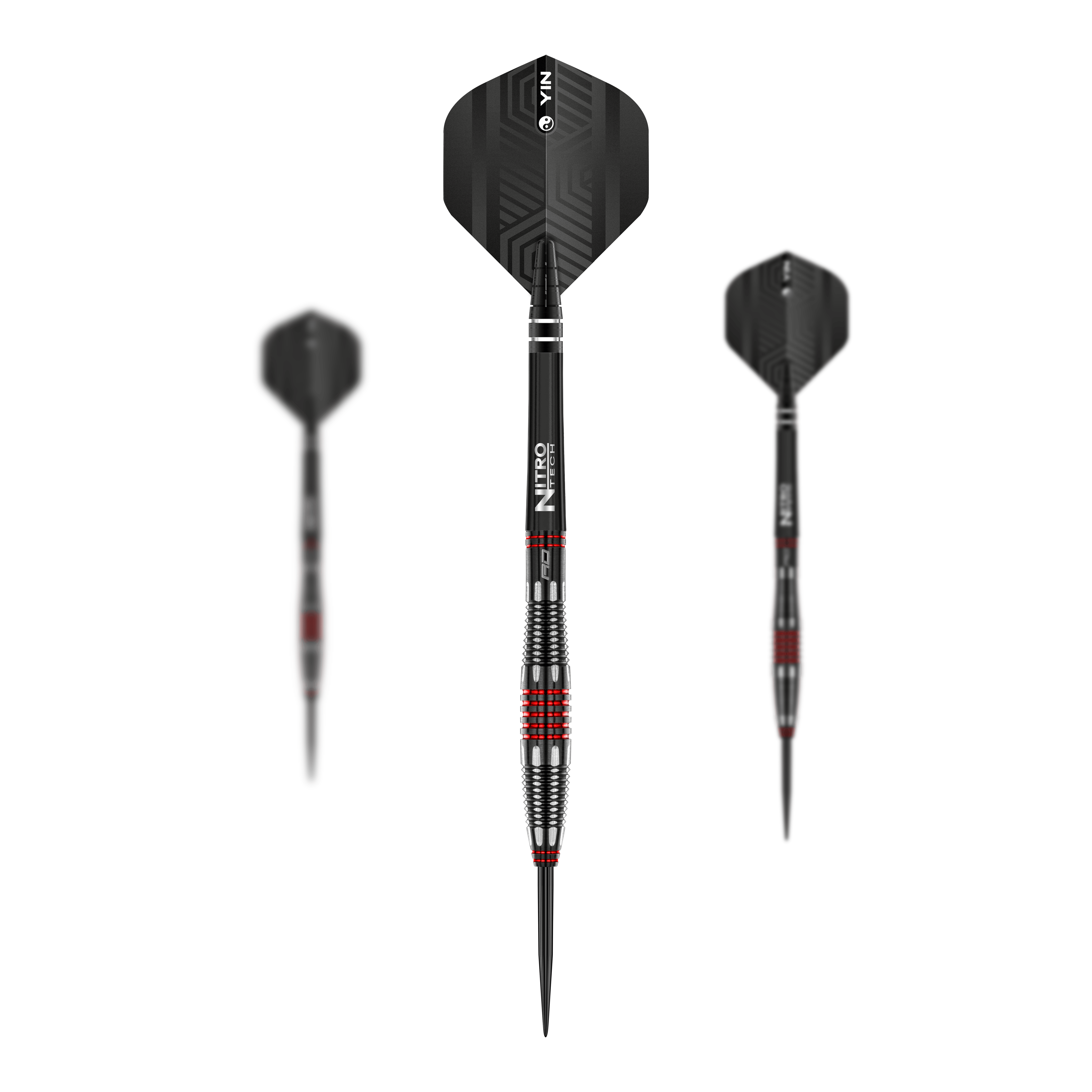 Das Bild zeigt drei "Red Dragon Marlin Venom Steeldarts". Die Darts haben ein schwarzes Design mit roten und silbernen Akzenten am Griff.