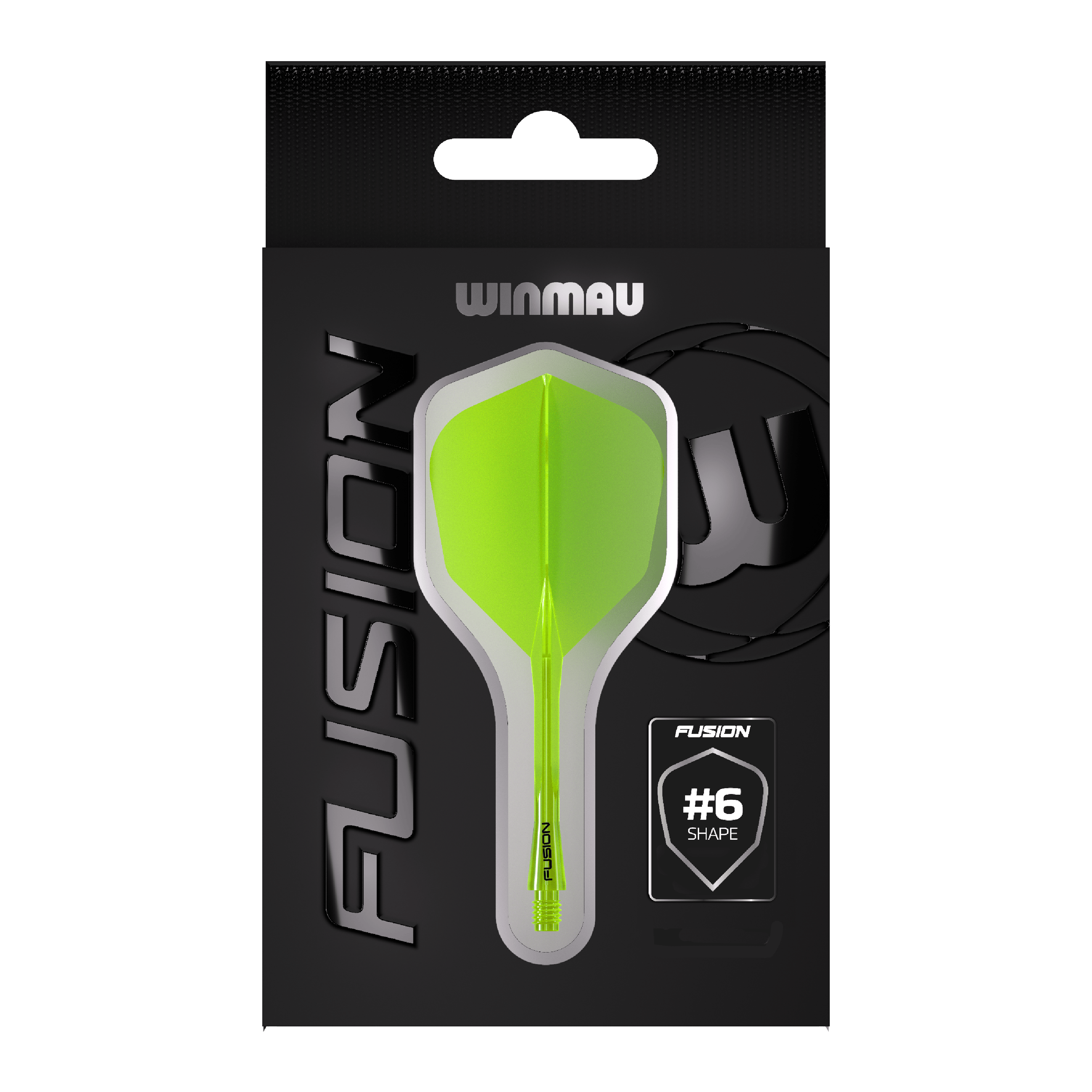 Winmau Fusion Flight-Shaft-System No6 Neon Gelb Auf dem Bild ist eine Packung Winmau Fusion Flight Shaft System in Neon-Gelb zu sehen. In der Mitte der Verpackung befindet sich ein Flightsystem in Form #6.