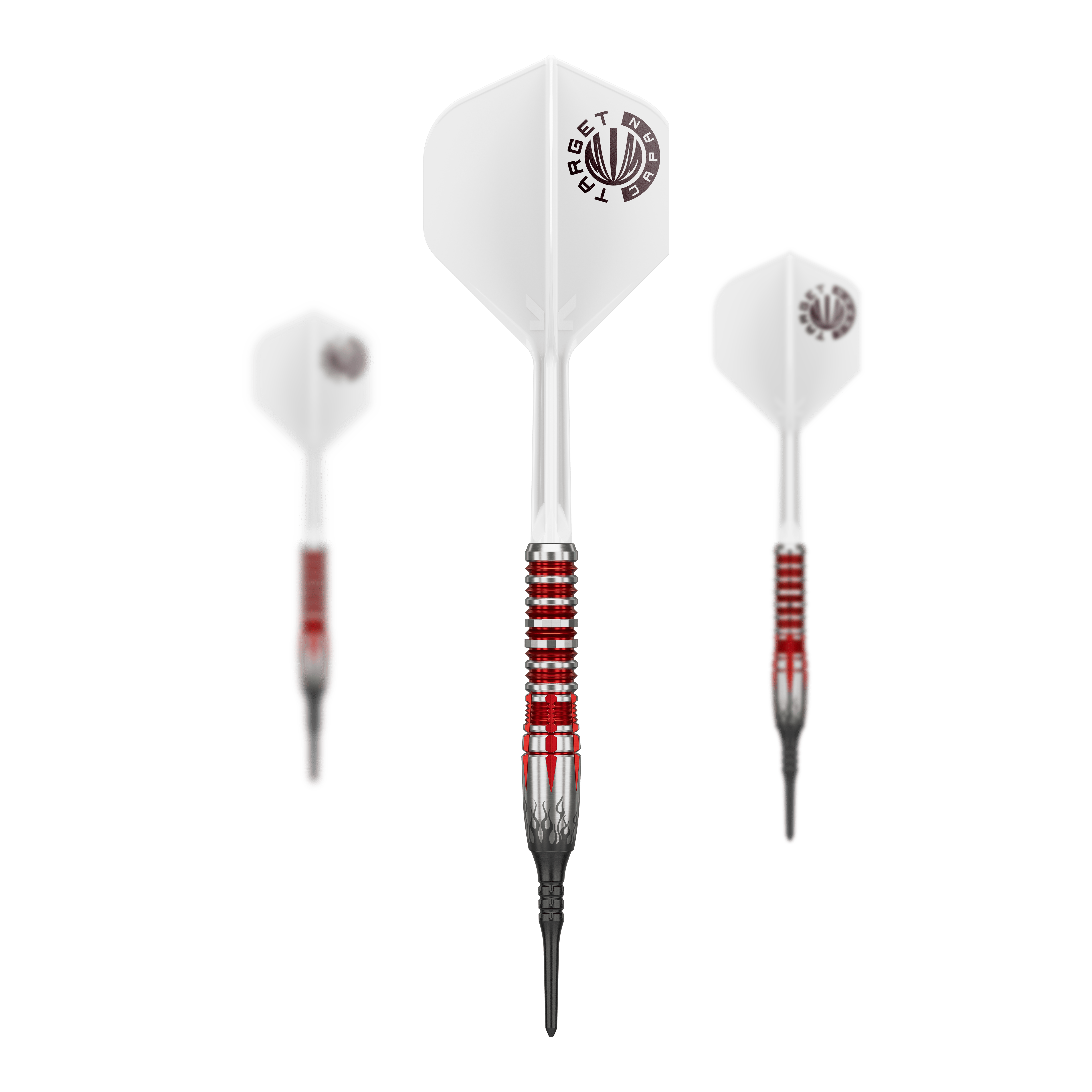 Das Bild zeigt drei Softdarts des Modells "Target Japan Misumasa Hoshino Pyro GEN10 MAX - 19g". Die Darts haben weiße Flights, rote und silberne Griffe und schwarze Spitzen.