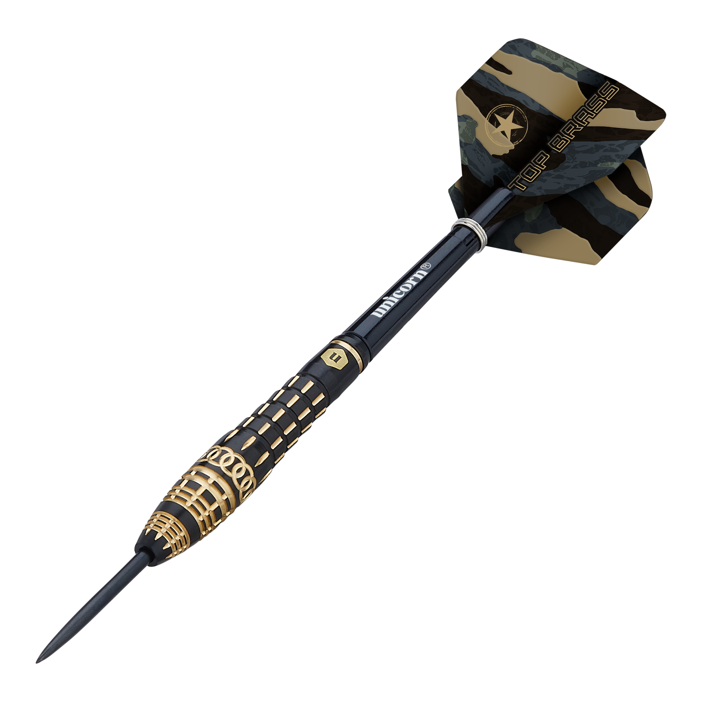 Der "Unicorn Top Brass V4 Steeldart - 20g" ist ein eleganter Dartpfeil mit goldenen und schwarzen Akzenten. Am Flight steht "TOP BRASS" auf einem Camouflage-Muster.