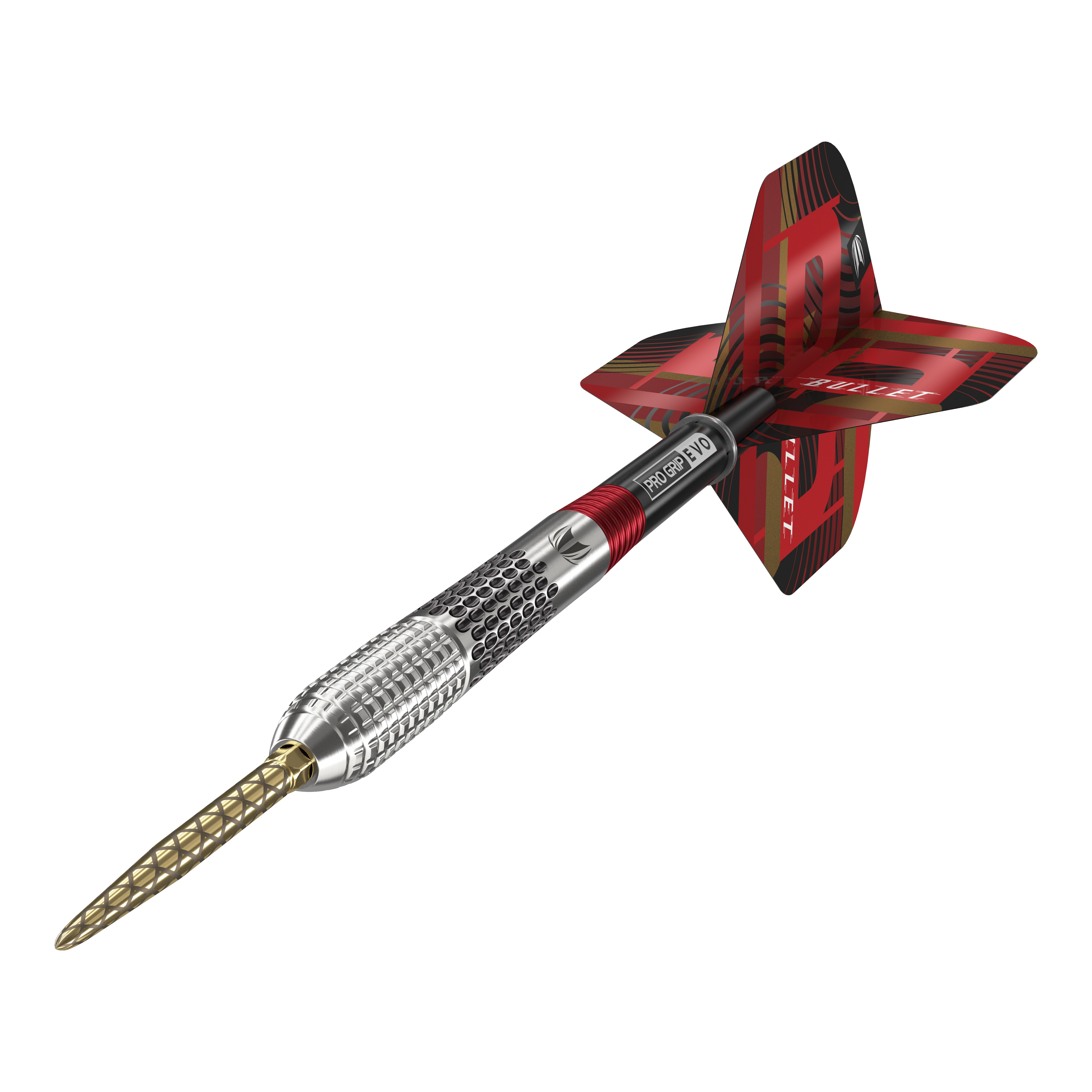 Target Stephen Bunting GEN5 Swiss Point Steeldarts Das Bild zeigt einen Target Stephen Bunting GEN5 Swiss Point Steeldart. Der Dartpfeil hat ein auffälliges Design mit silbernem Schaft, goldener Spitze und roten Flights.