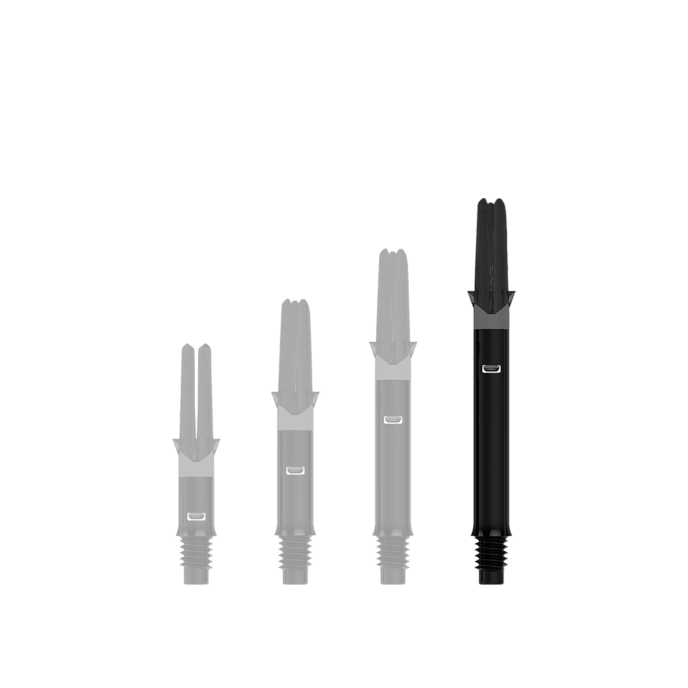 L-Style L-Shafts Silent Straight - Schwarz 330 Auf dem Bild sind drei schwarze Dartschäfte in unterschiedlicher Länge zu sehen. Sie stehen nebeneinander aufrecht auf einem neutralen Hintergrund.