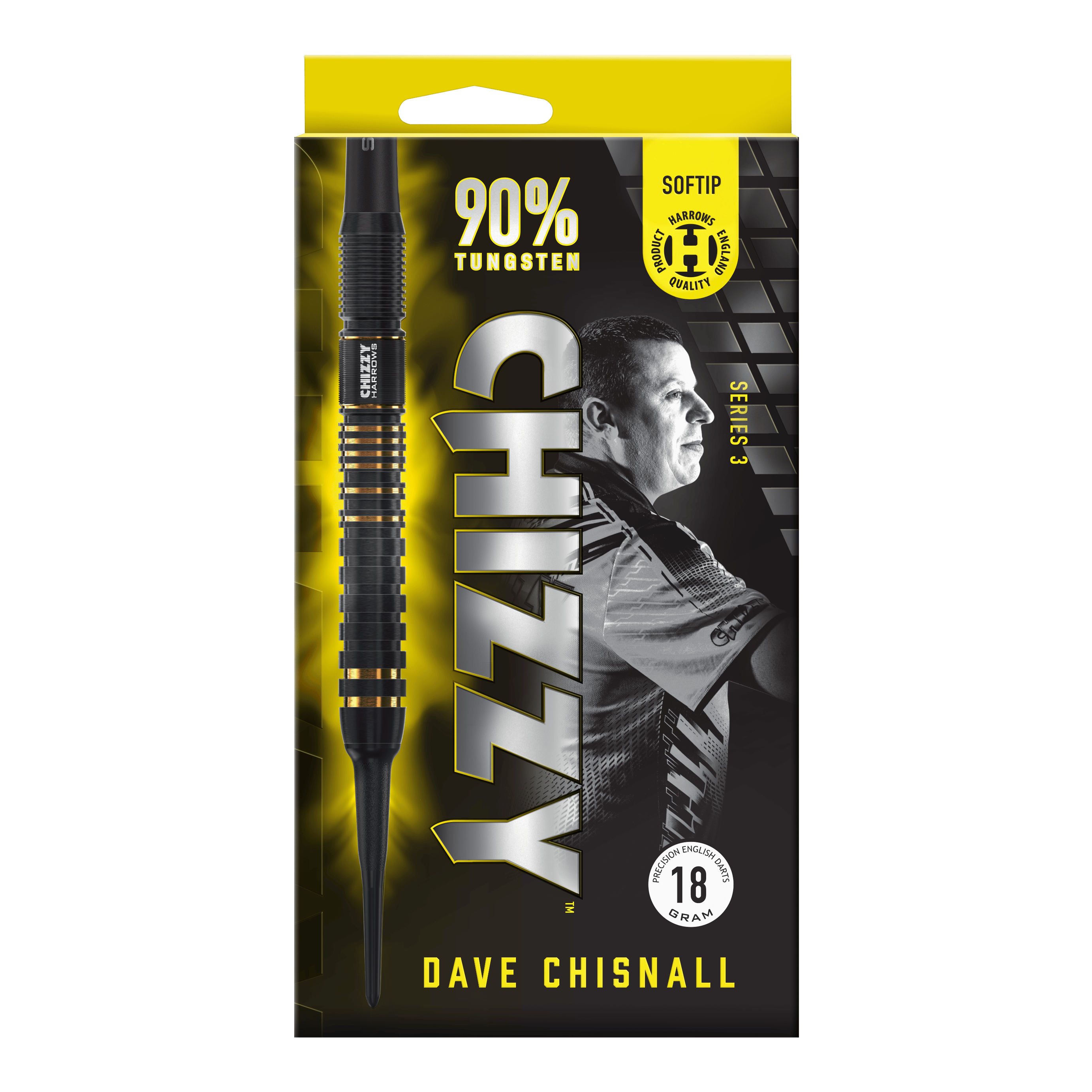 Harrows Dave Chisnall Chizzy Series 3 Softdarts Das Bild zeigt die Verpackung der "Harrows Dave Chisnall Chizzy Series 3 Softdarts". Auf der Verpackung stehen Informationen wie "90% Tungsten", "Softtip" und das Gewicht von 18 Gramm.