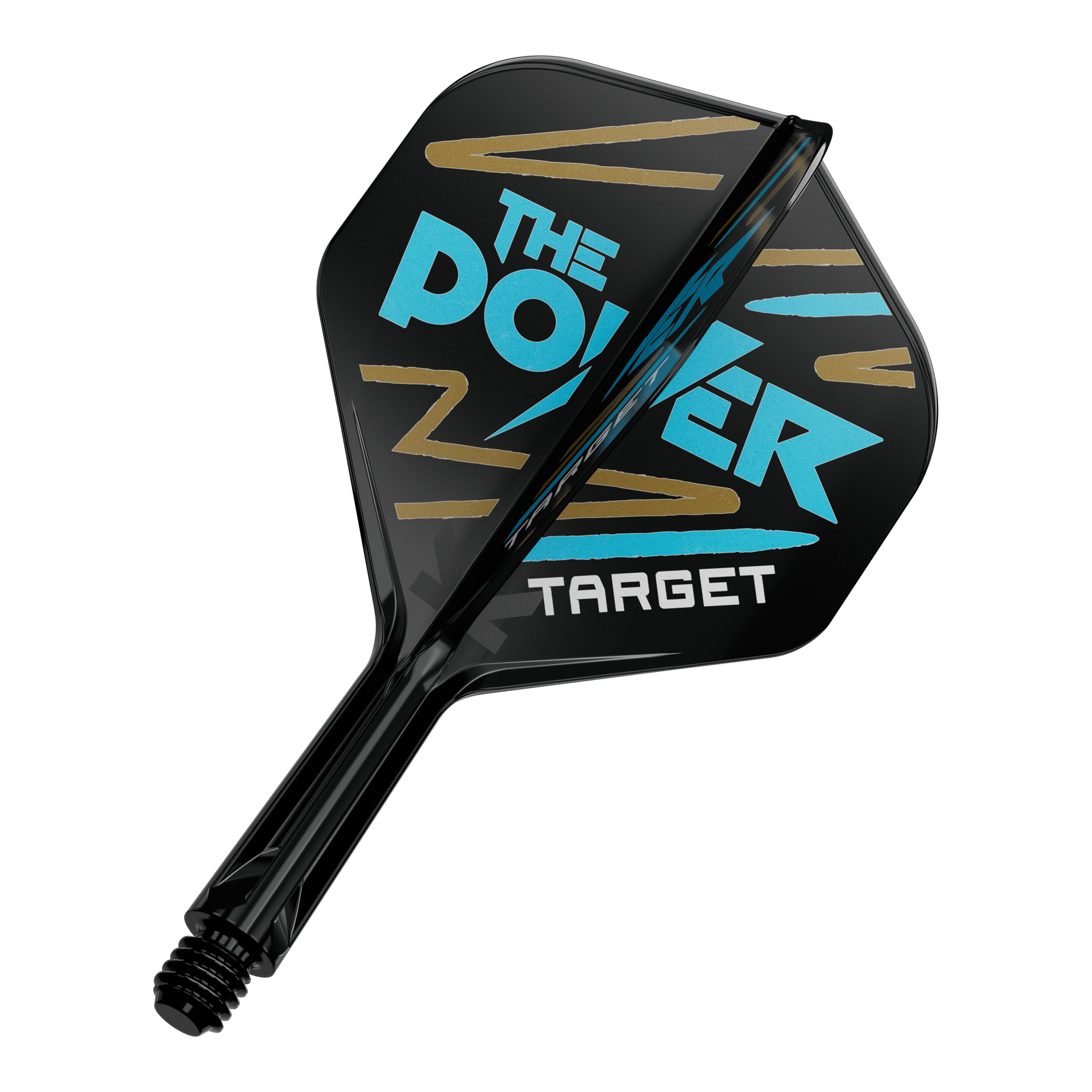 Target K-Flex Phil Taylor No2 Standard Flight-Shaft-System Das Bild zeigt einen schwarzen Dartflight mit der Aufschrift "THE POWER" in blauer Farbe. Darunter steht das Wort "TARGET" in weißer Schrift.