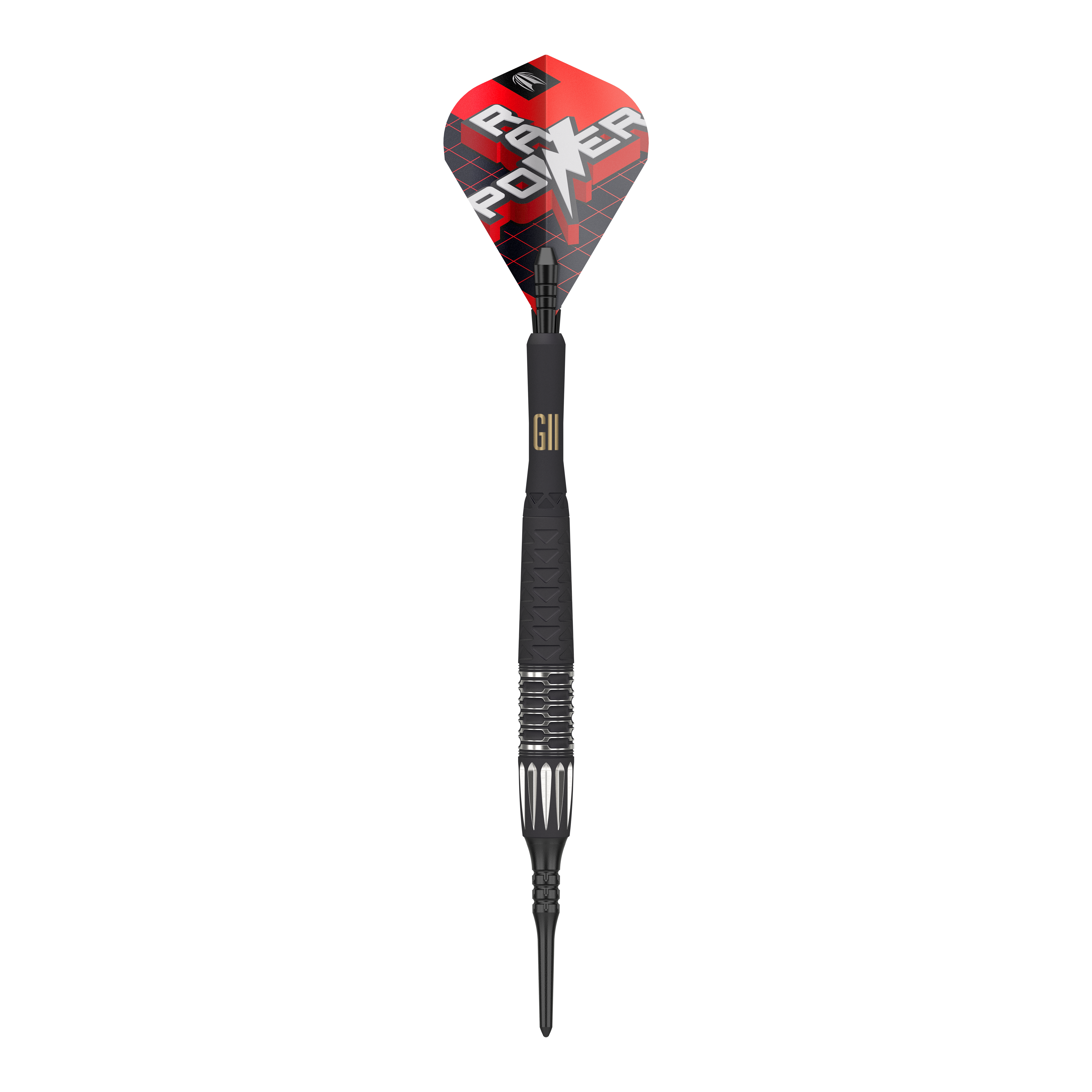 Dieses Bild zeigt einen Target Phil Taylor RAW Power 9Five GEN11 Softdart. Der Dart ist schwarz mit silbernen Akzenten und hat eine rote Flight mit der Aufschrift "RAW POWER".