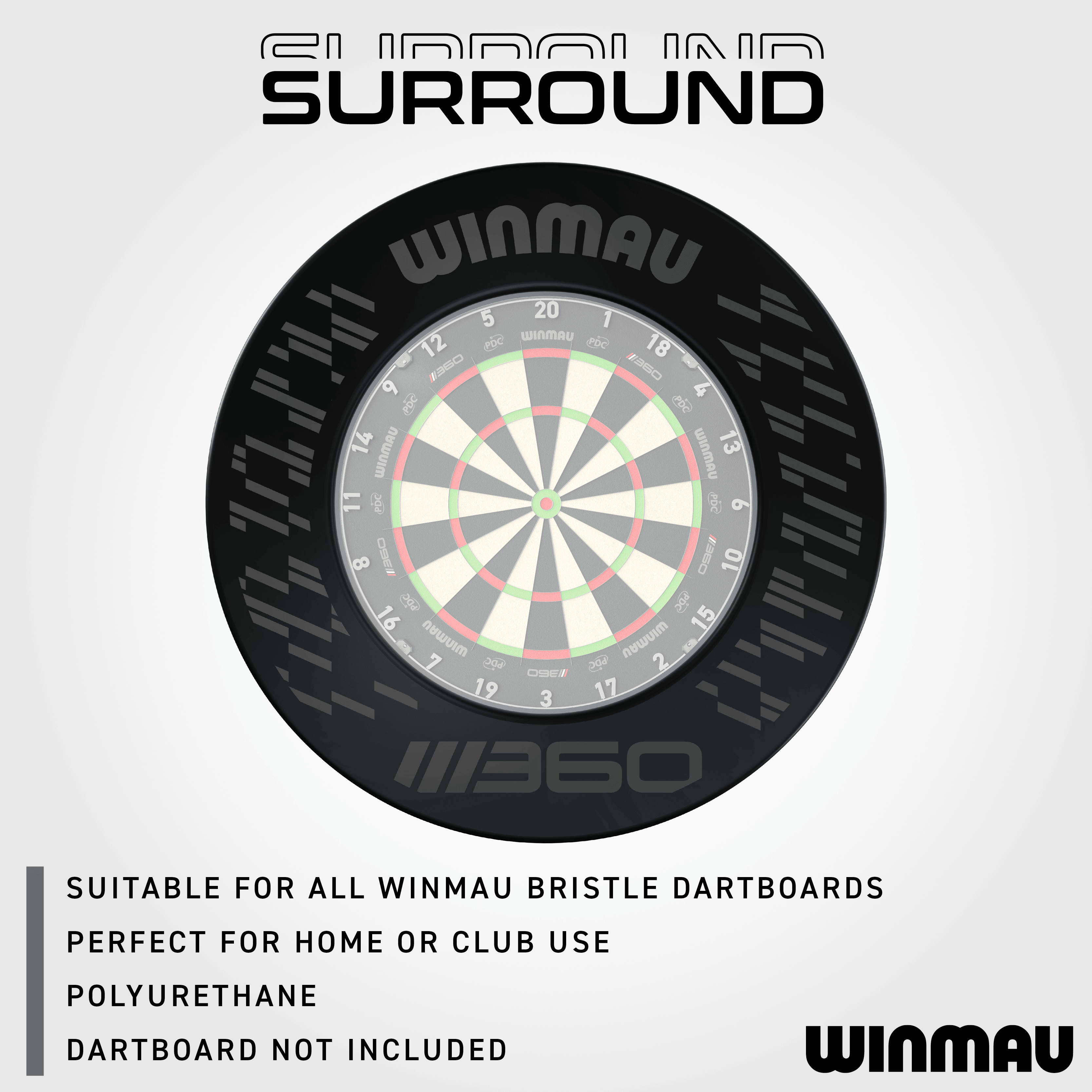 Winmau Blade 360 Dartboard Surround - Schwarz Das Bild zeigt das Winmau Blade 360 Dartboard Surround in Schwarz. Es ist eine praktische Ergänzung zum Schutz der Wände beim Dartspielen.