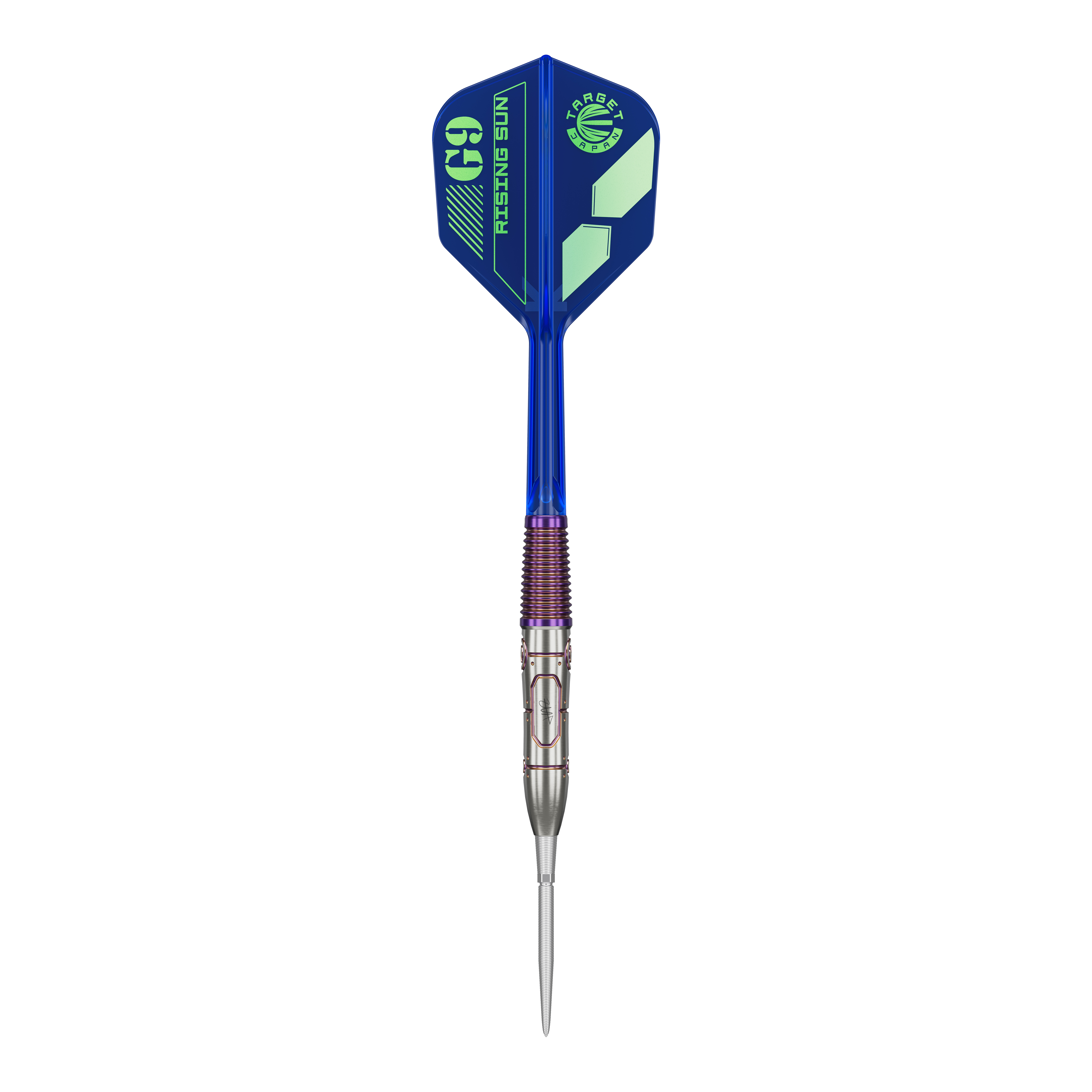 Dies ist ein Target Japan Haruki Muramatsu Rising Sun GEN9 Steeldart mit einem Gewicht von 23g. Der Dart hat ein modernes Design mit blauen und silbernen Elementen.