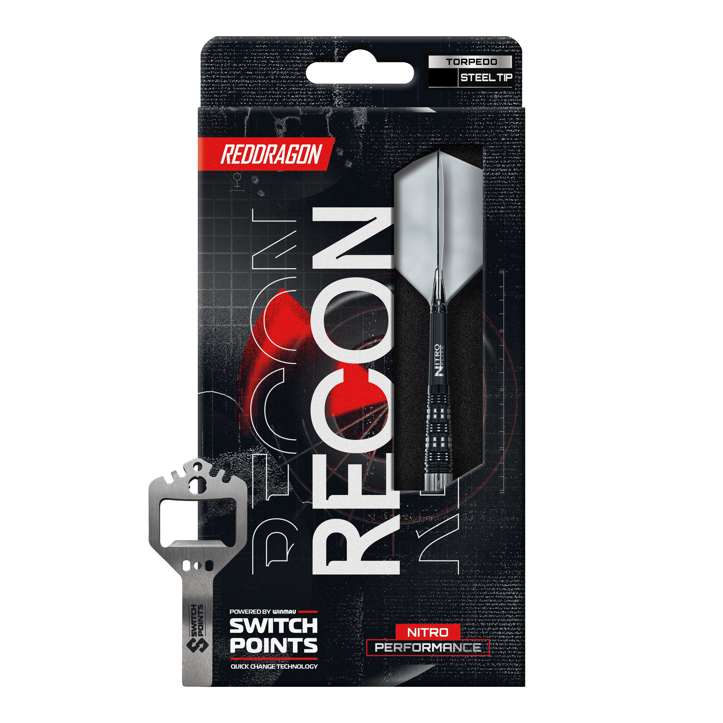 Red Dragon Recon Torpedo Steeldarts Auf dem Bild sind die Red Dragon Recon Torpedo Steeldarts - 23g zu erkennen. Die Steeldarts liegen parallel zueinander.
