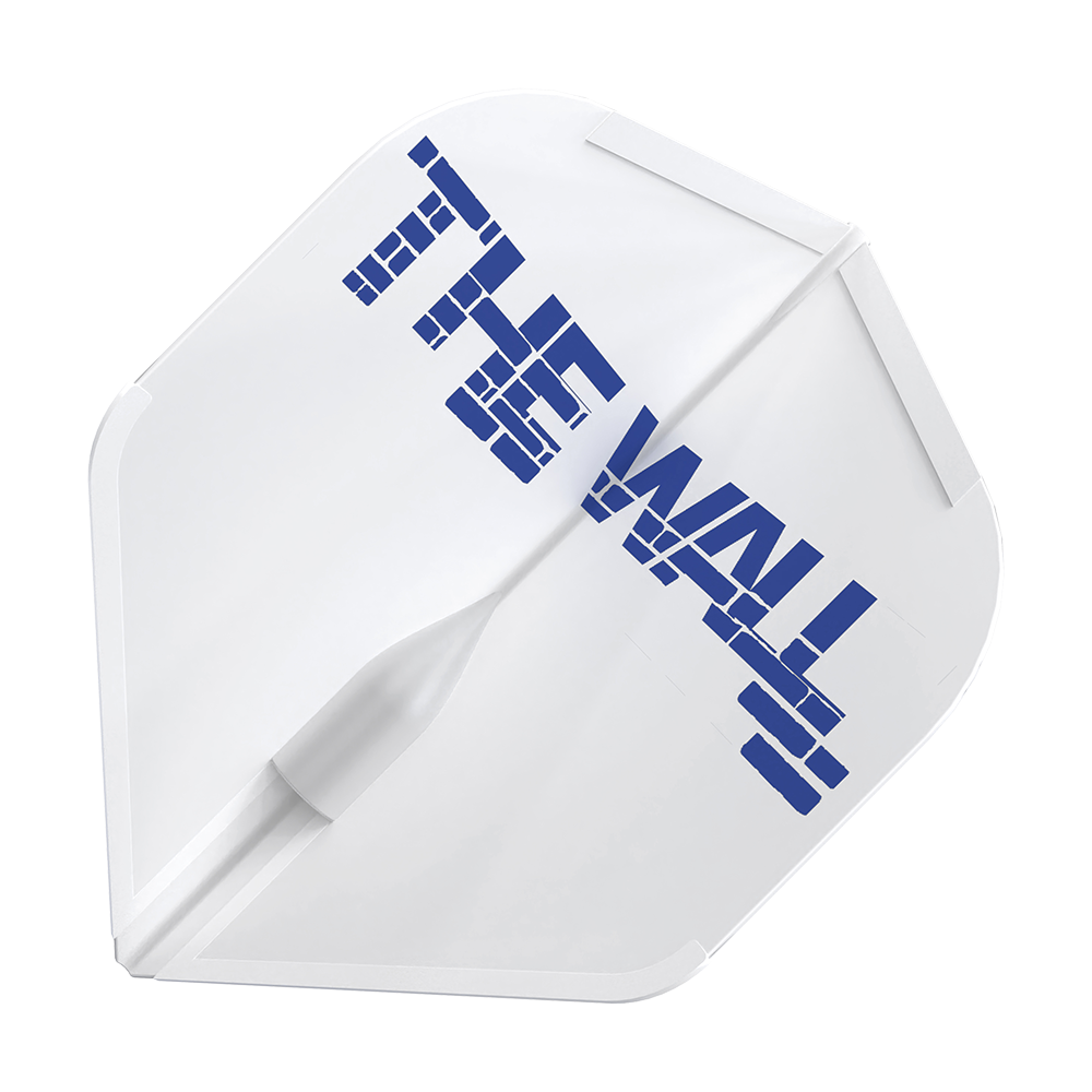 L-Style Martin Schindler Weiß L1EZ Flights Das Bild zeigt ein weißes Dart-Flight mit der Aufschrift "THE WALL" in blauen Buchstaben. Es handelt sich um das Produkt "L-Style Martin Schindler Weiß L1EZ Flights".