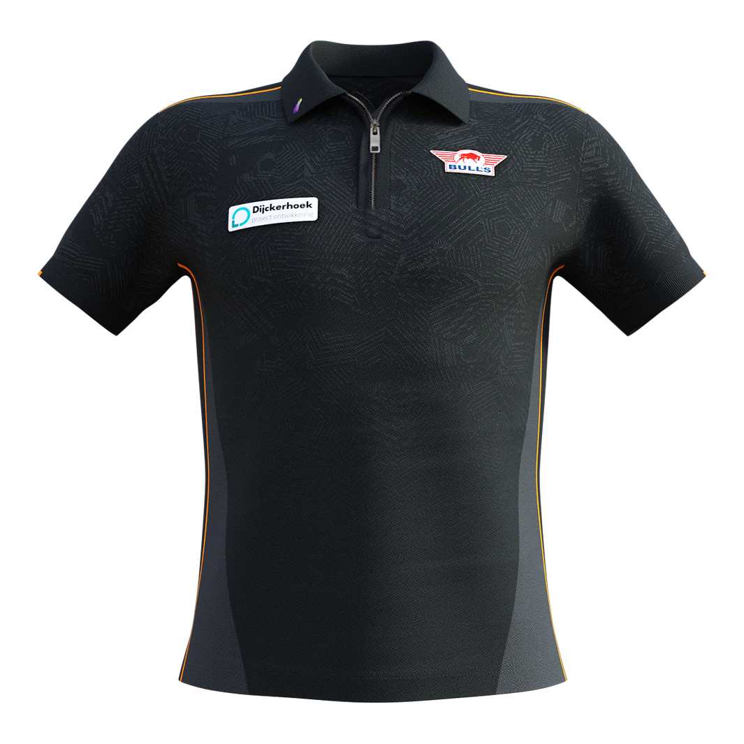Bulls NL Dirk Van Duijvenbode Matchshirt 2025 Das Bild zeigt ein schwarzes Matchshirt mit kurzen Ärmeln und orangefarbenen Akzenten. Auf der Brust sind das Bulls NL Logo und ein Sponsorenaufnäher zu sehen.