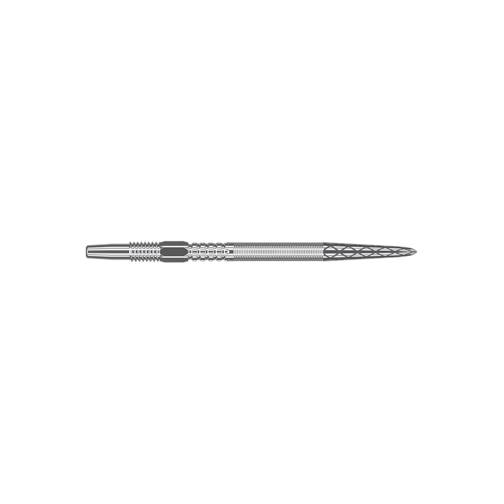 340047_Target_Swiss_Point_DX_Silver_Dartspitzen_30mm_2 Das Bild zeigt eine silberne Dartspitze mit fein gearbeiteten Details. Sie ist lang und schlank, mit einem geriffelten Muster für besseren Halt.