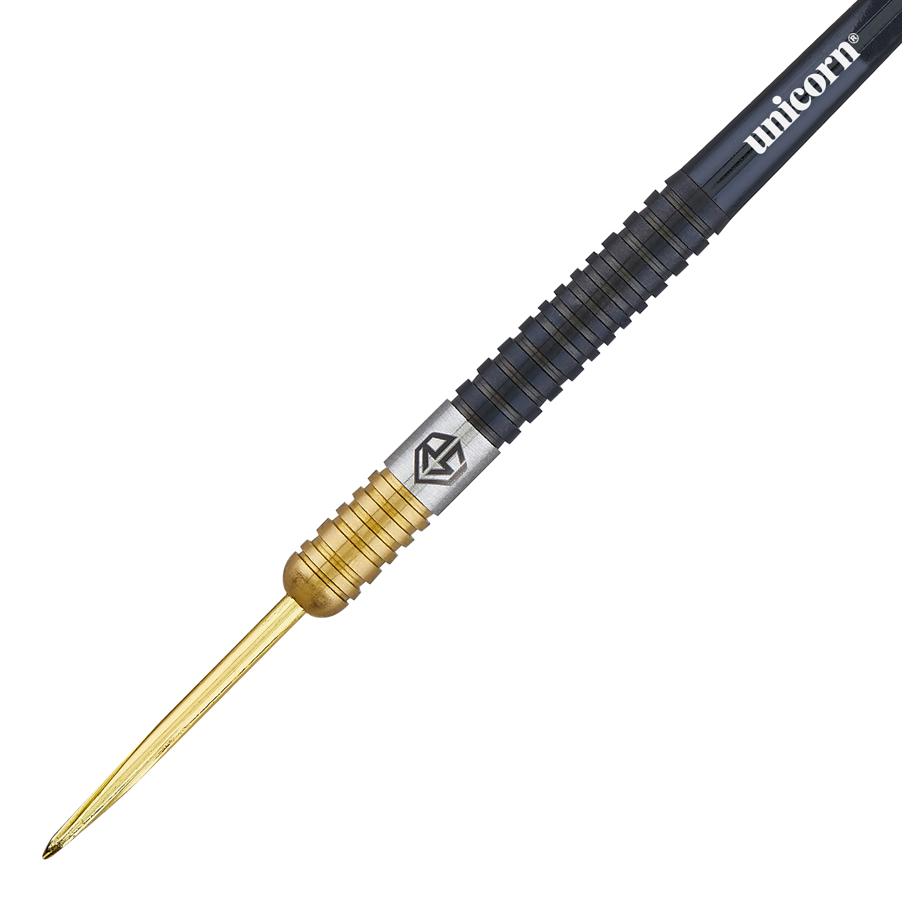 Unicorn Ross Smith Two-Tone Steeldarts Das Bild zeigt einen Steeldart aus der Unicorn Ross Smith Two-Tone Serie. Der Dart ist zweifarbig mit einem goldenen vorderen Teil und einem schwarzen hinteren Teil gestaltet.