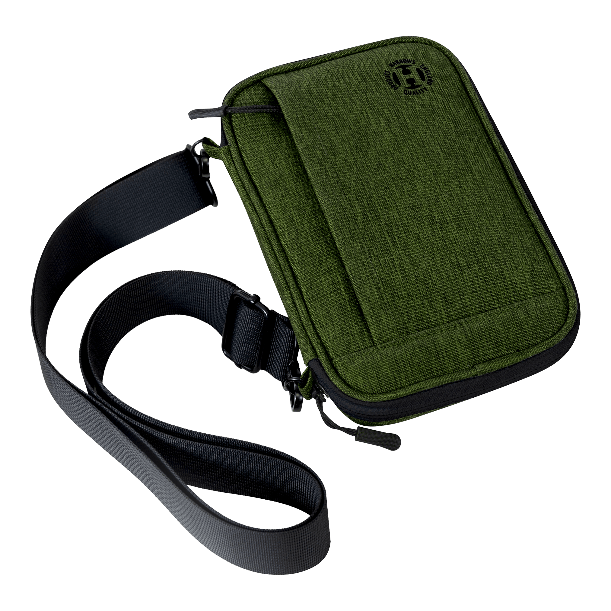 Harrows Smart Case XL Dartwallet Auf dem Bild ist eine grüne Tragetasche mit einem schwarzen Schultergurt zu sehen. Die Tasche hat eine Klappe und wirkt robust und modern.