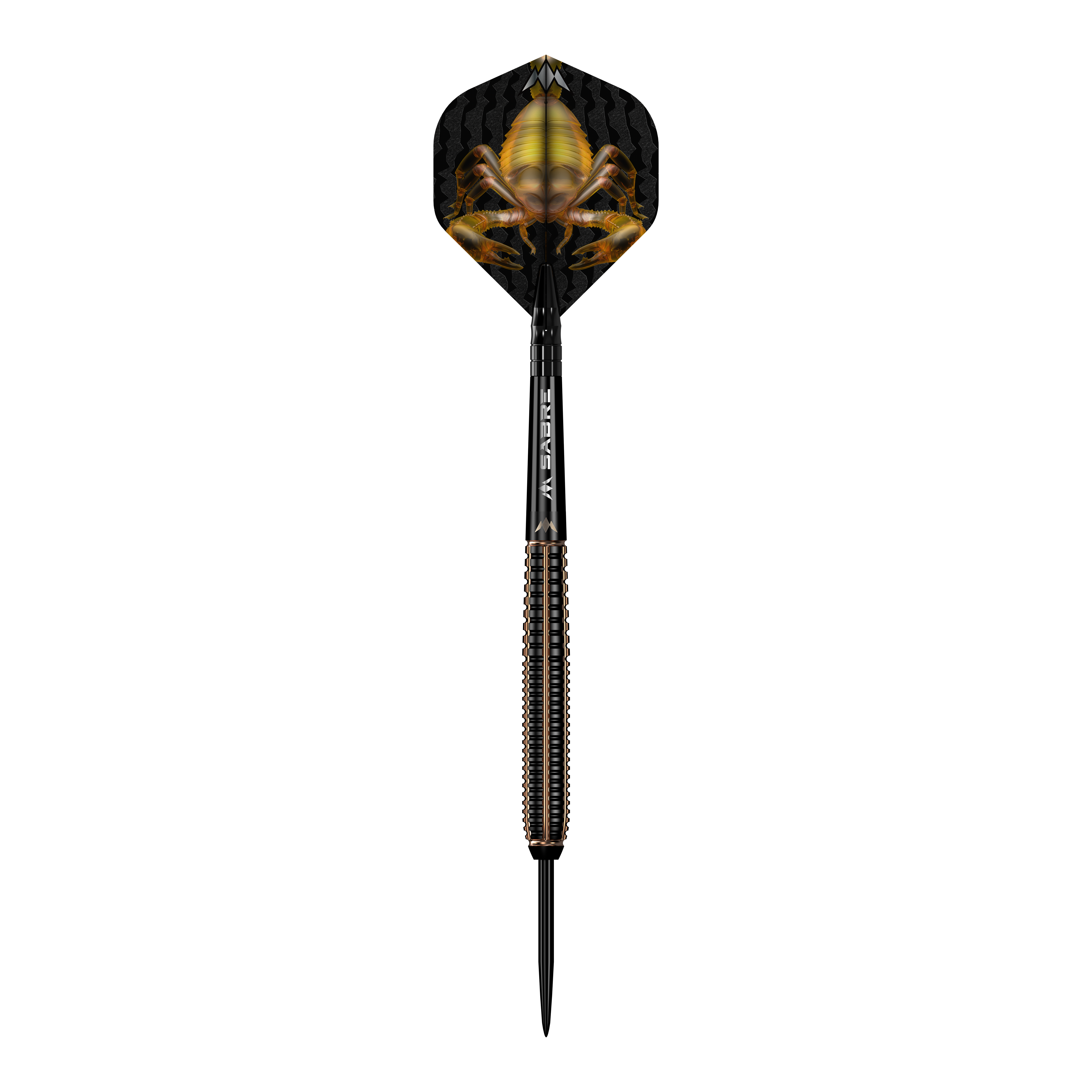 Das Bild zeigt einen Mission Scorpion Steeldart mit einem auffälligen Scorpion-Design auf den Flights. Der Dart hat ein elegantes, schwarzes und goldenes Erscheinungsbild und sieht sehr hochwertig aus.