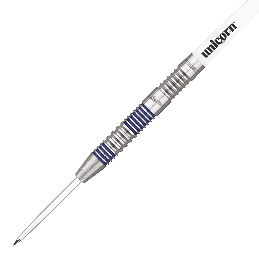 Das Bild zeigt einen Unicorn Silver Star Var.1 Gary Anderson Steeldart. Der Dartpfeil ist aus silberfarbenem Metall mit blauen Rillen und hat eine weiße Flight mit dem Schriftzug "Unicorn".