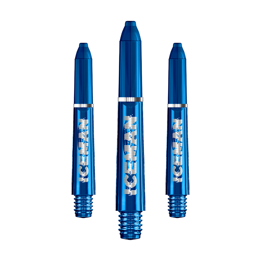 Das Bild zeigt drei blaue Dartschäfte mit der Aufschrift „ICEMAN“. Es handelt sich um das Produkt „Red Dragon VRX Gerwyn Price Shafts“.