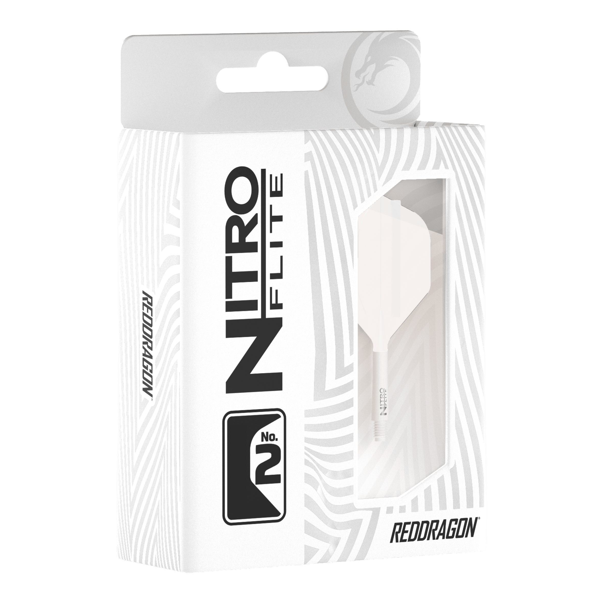 Hier sind die Red Dragon Nitroflite White Shaft White Flights No2 zu sehen. Sie sind für Dartpfeile gedacht und komplett in Weiß gestaltet.