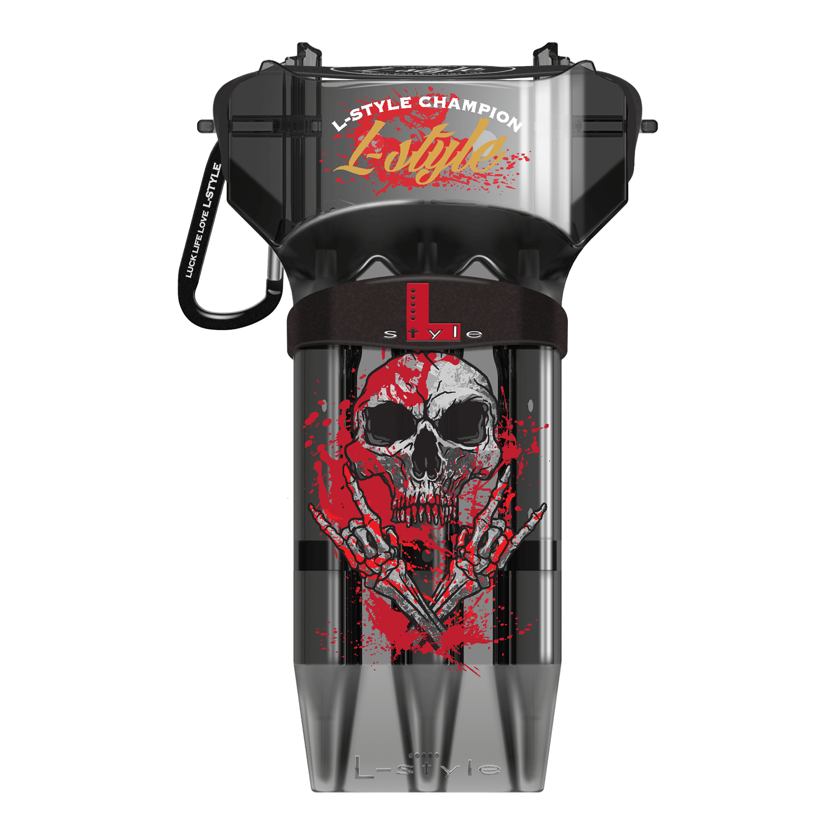 Das Bild zeigt das schwarze Dartcase "L-Style Krystal One Ryan Searle V3" mit einem auffälligen Totenkopf-Design und roten Farbakzenten. Oben steht der Schriftzug "L-Style Champion L-Style" in Gold und Weiß.